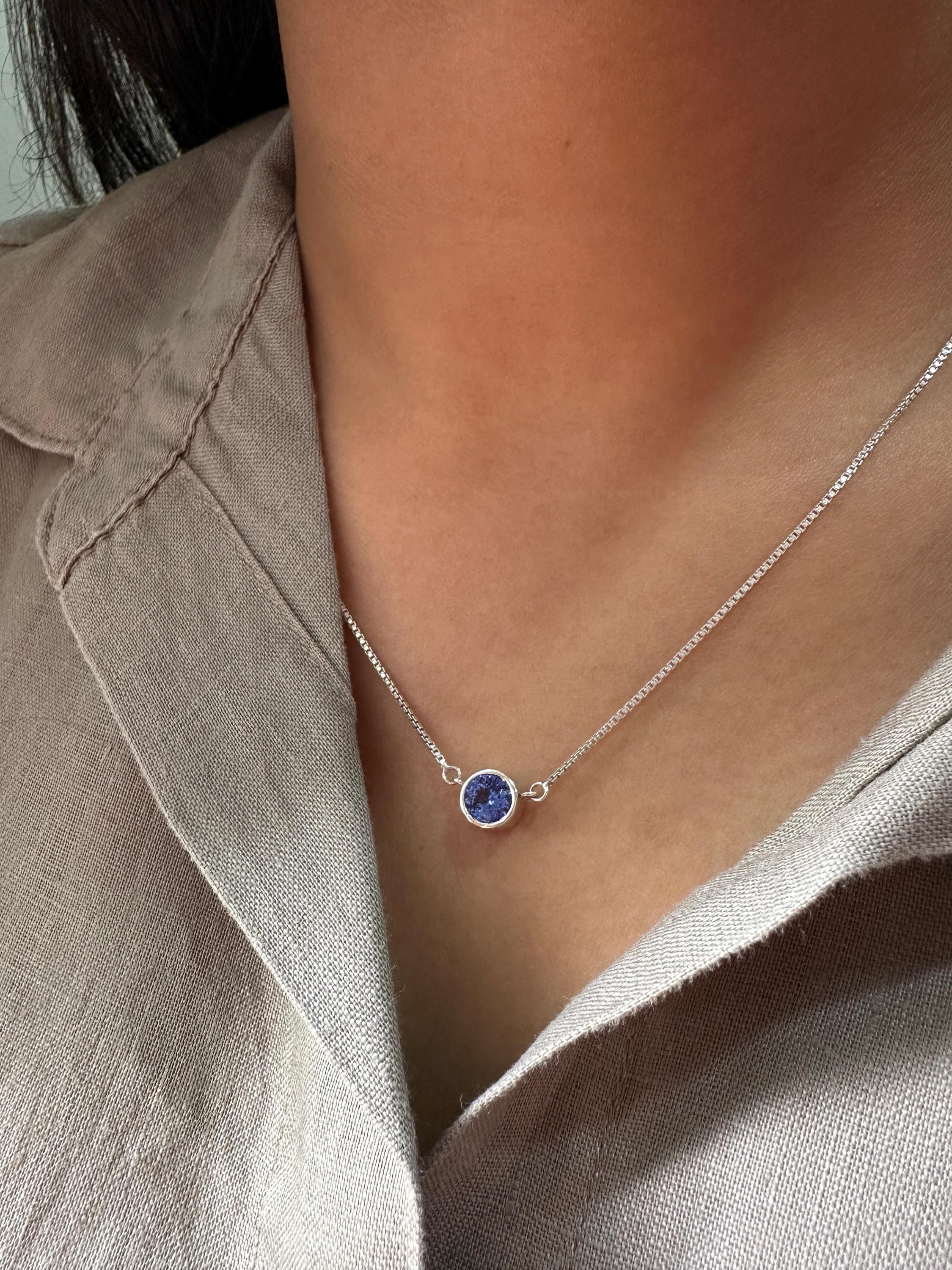 Round Bezel Set Tanzanite Pendant Necklace | 14K White Gold Blue Purple Gemstone Evil Eye
