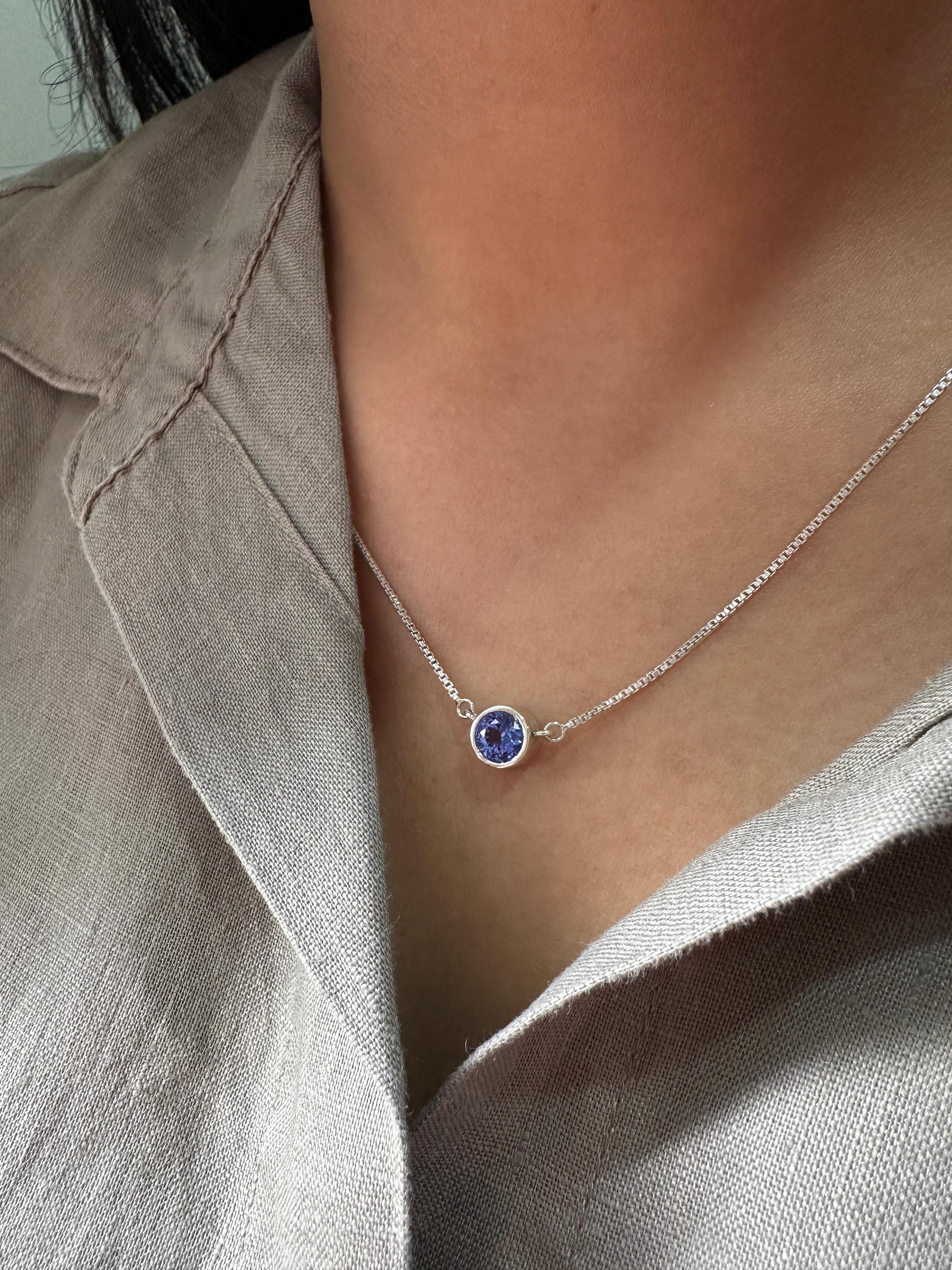 Round Bezel Set Tanzanite Pendant Necklace | 14K White Gold Blue Purple Gemstone Evil Eye