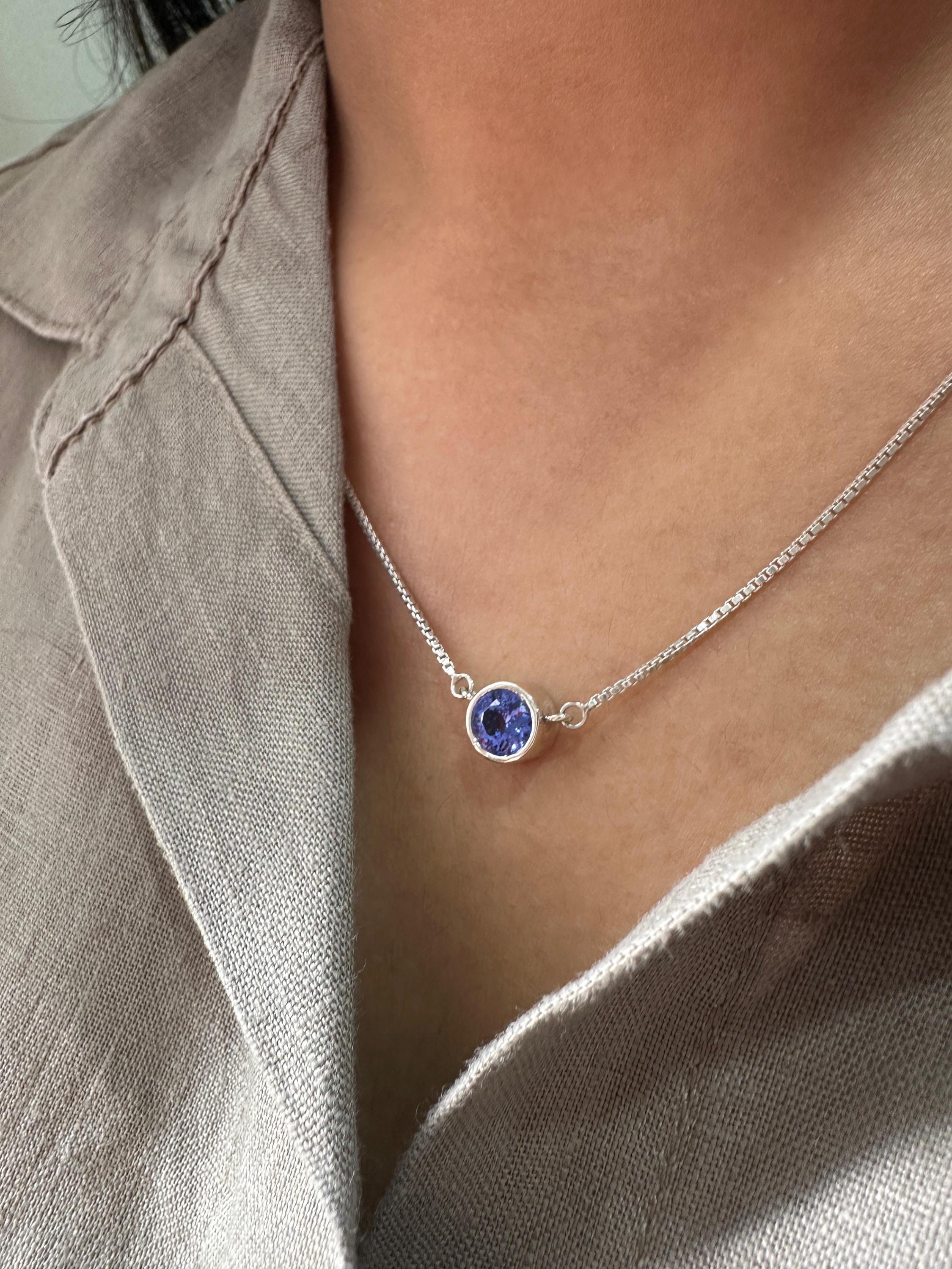 Round Bezel Set Tanzanite Pendant Necklace | 14K White Gold Blue Purple Gemstone Evil Eye