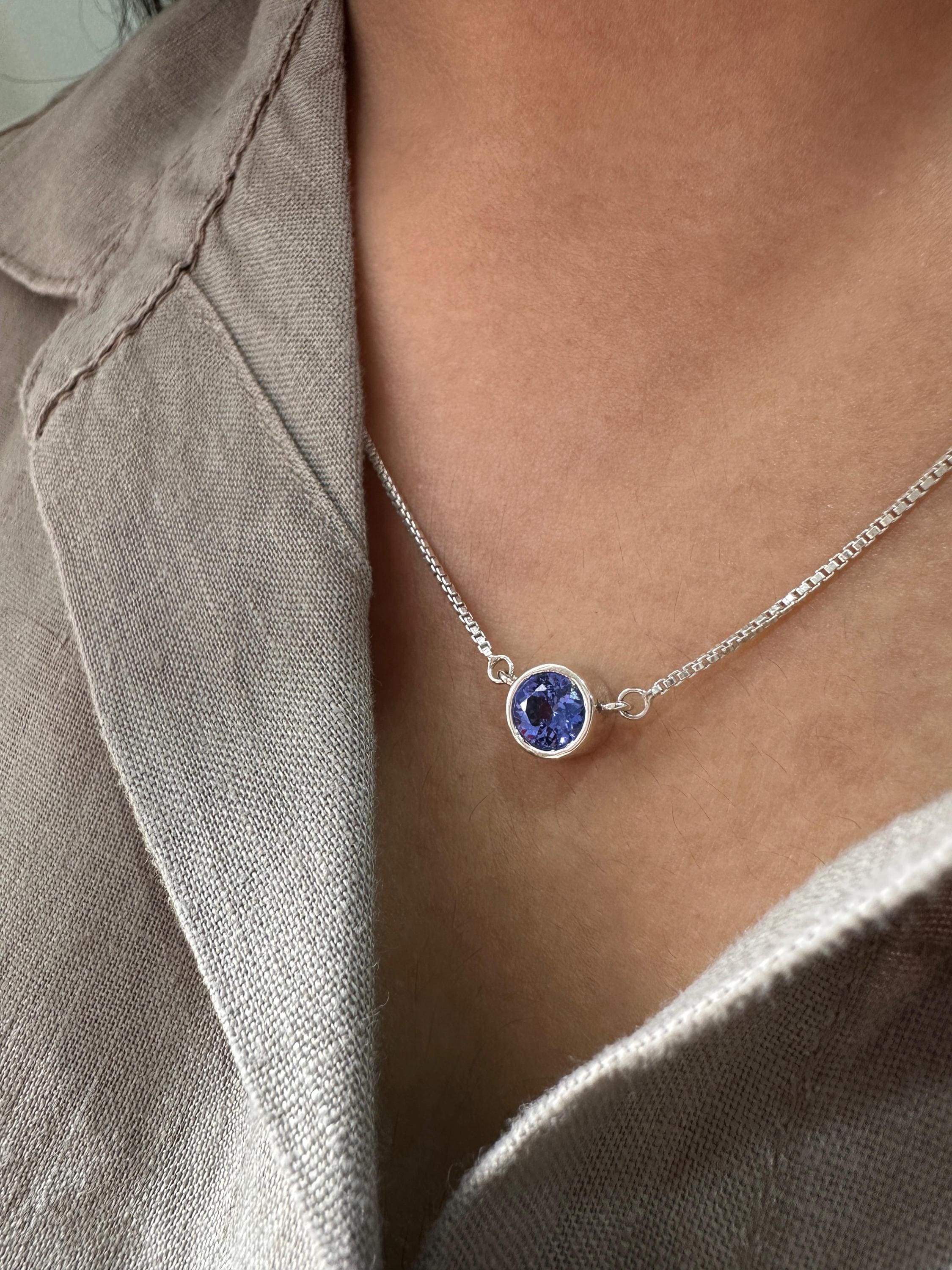 Round Bezel Set Tanzanite Pendant Necklace | 14K White Gold Blue Purple Gemstone Evil Eye