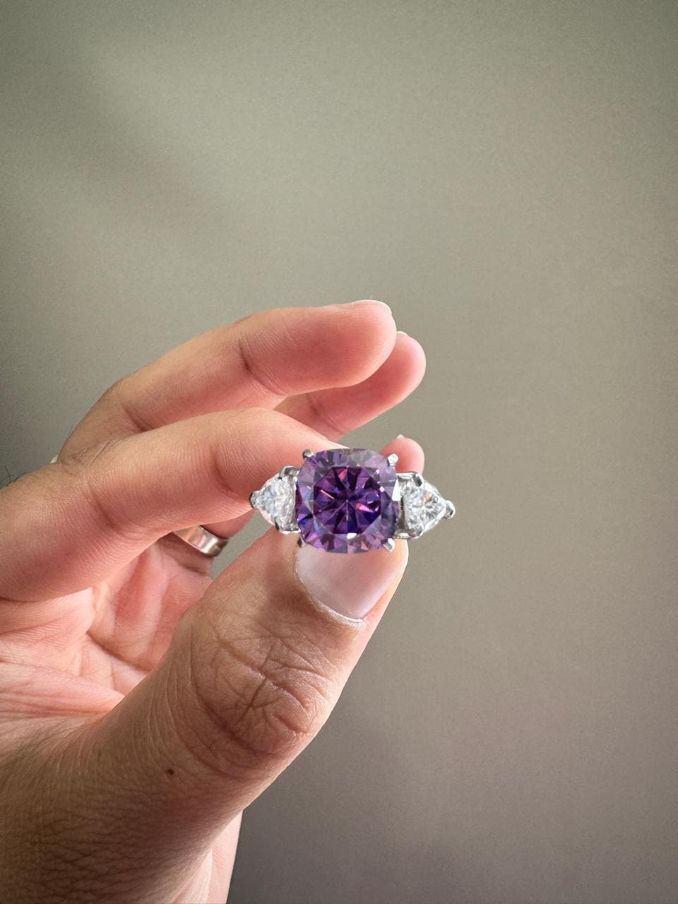 Cushion Cut Purple Moissanite Ring | 14k White Gold, Christmas Gift for her