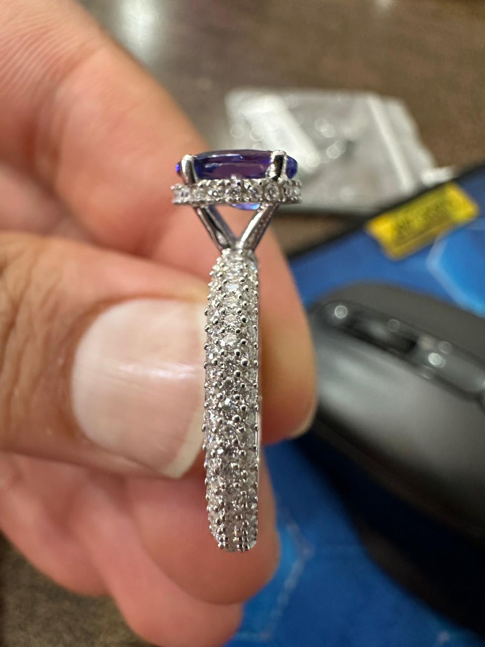 1.5 CT Oval Shape Tanzanite Hidden Halo Ring | 14K White Gold Pave Diamond Band
