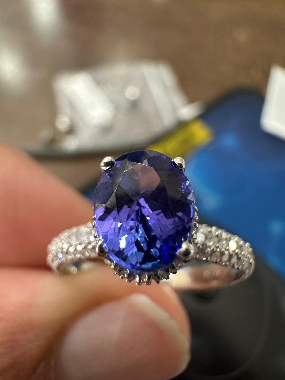 1.5 CT Oval Shape Tanzanite Hidden Halo Ring | 14K White Gold Pave Diamond Band