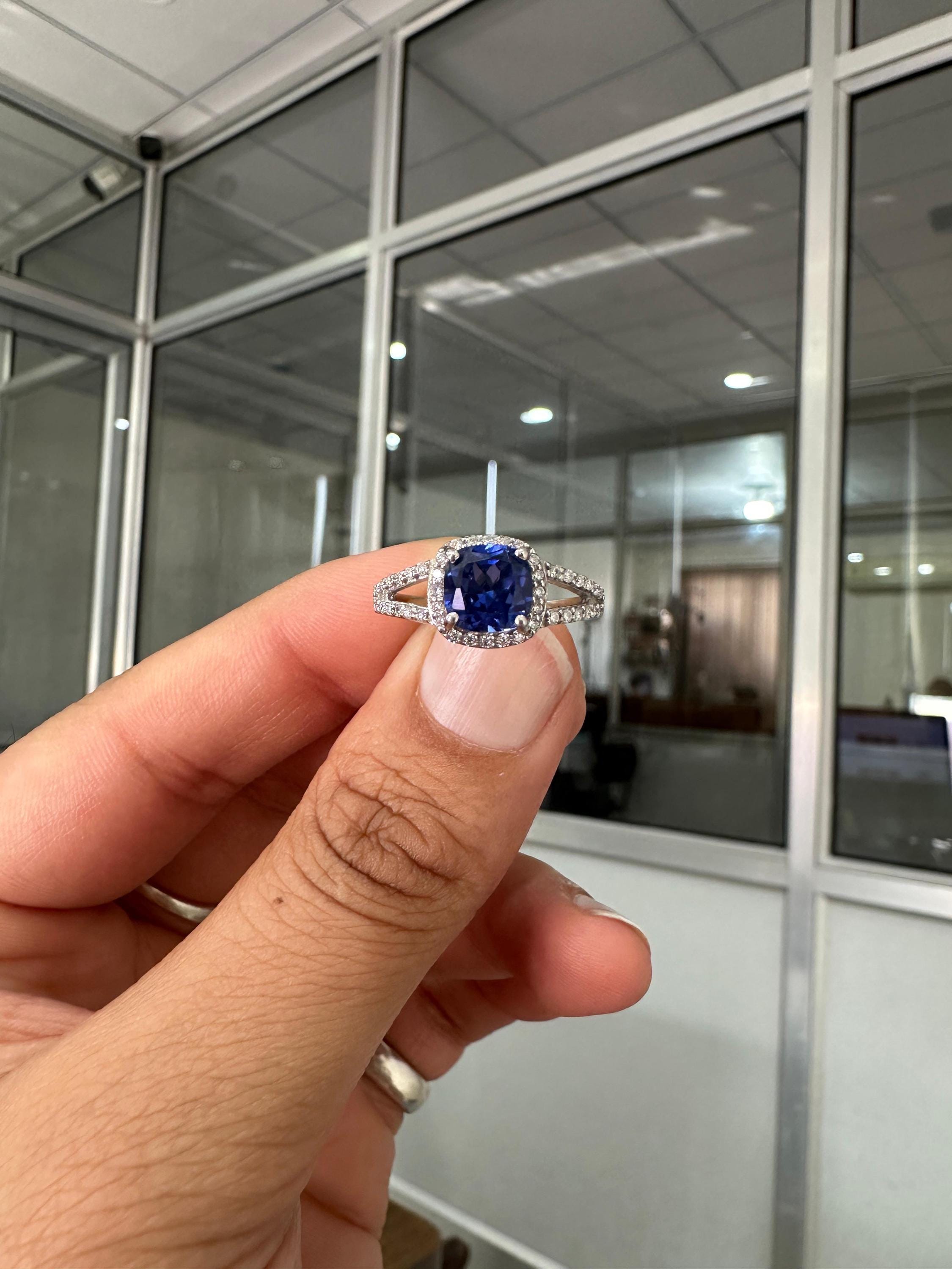 Cushion Cut Tanzanite Engagement Ring 14K White Gold Split Shank Diamond Accent Wedding Ring