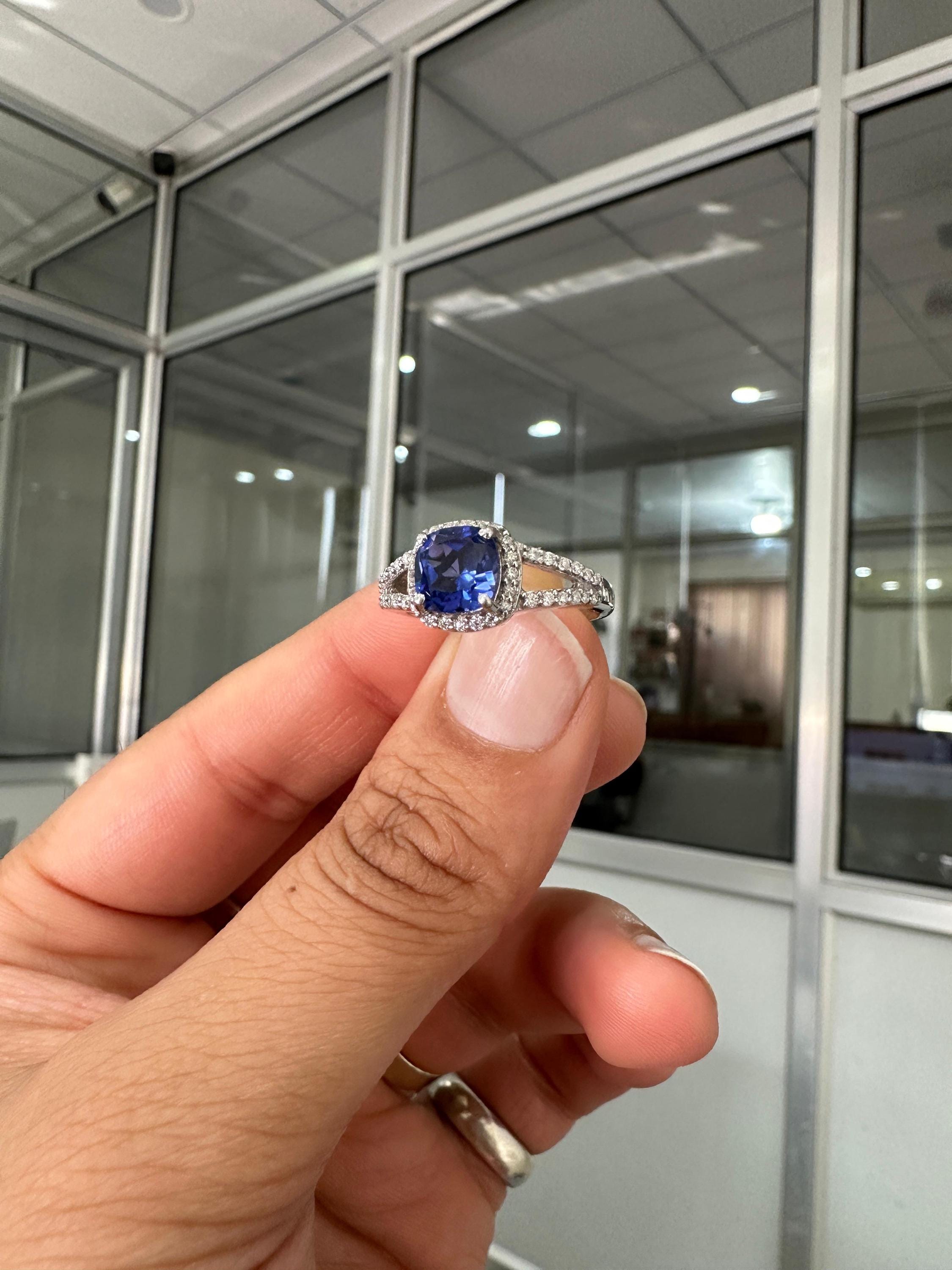 Cushion Cut Tanzanite Engagement Ring 14K White Gold Split Shank Diamond Accent Wedding Ring