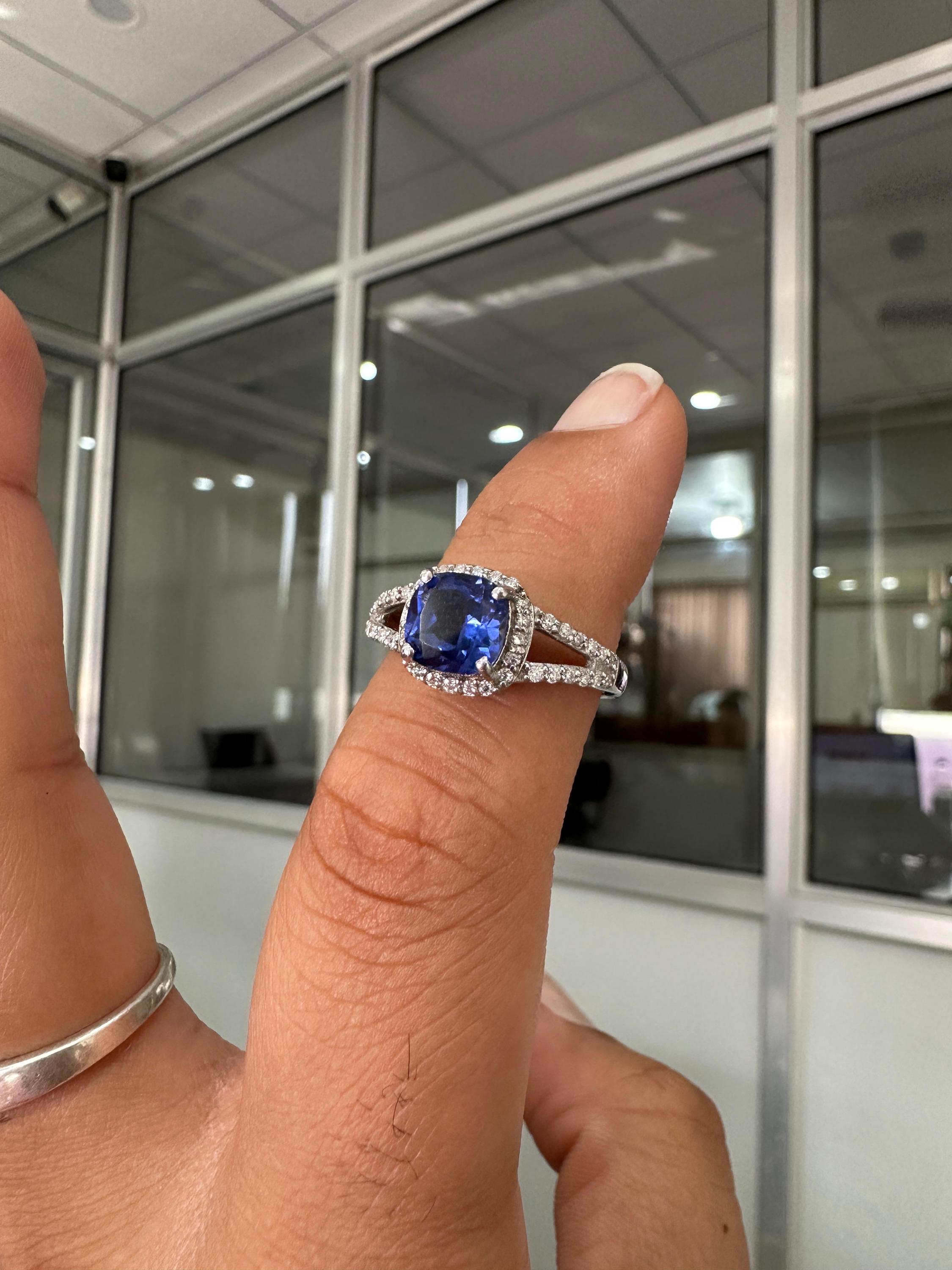 Cushion Cut Tanzanite Engagement Ring 14K White Gold Split Shank Diamond Accent Wedding Ring