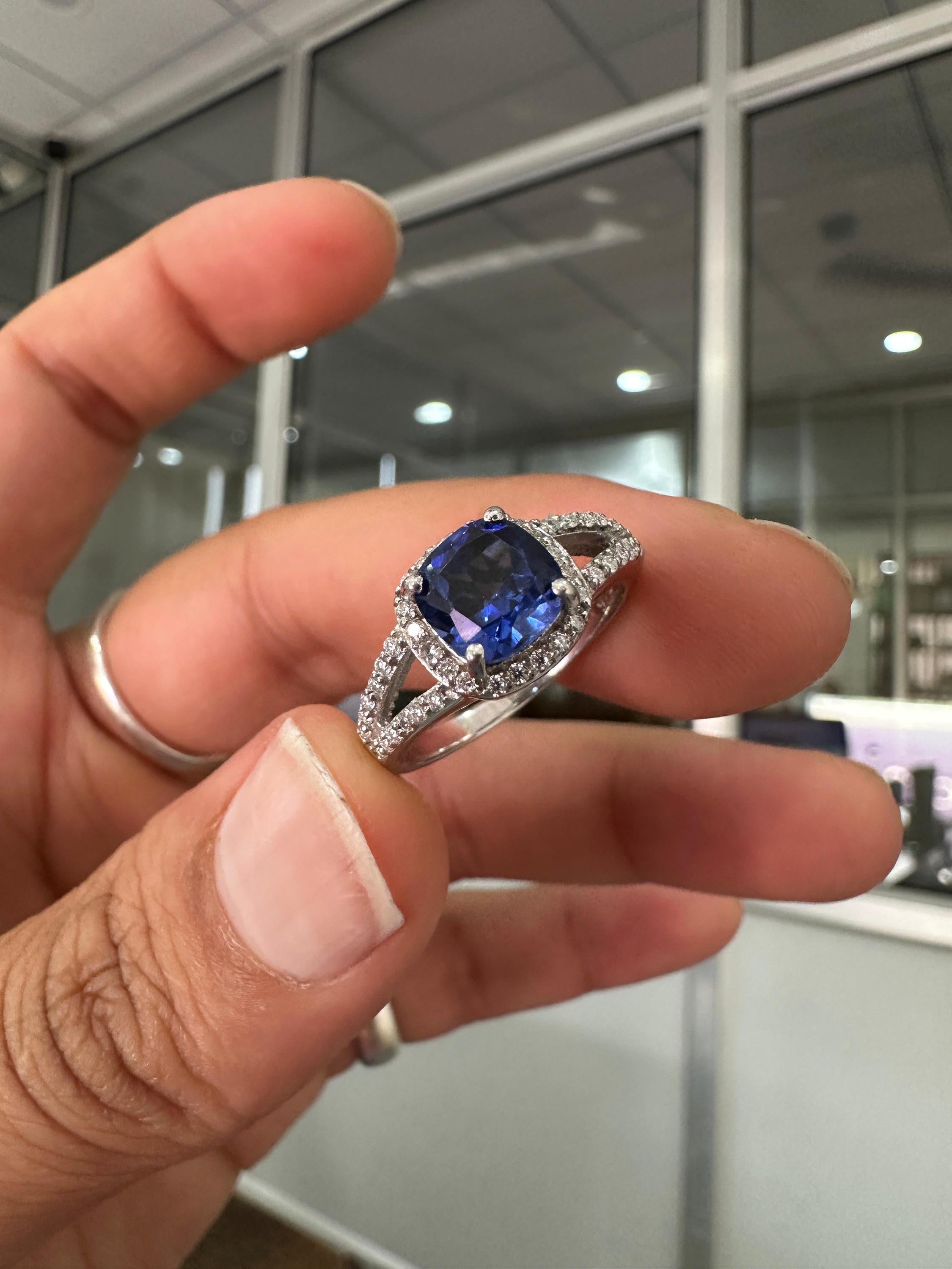 Cushion Cut Tanzanite Engagement Ring 14K White Gold Split Shank Diamond Accent Wedding Ring