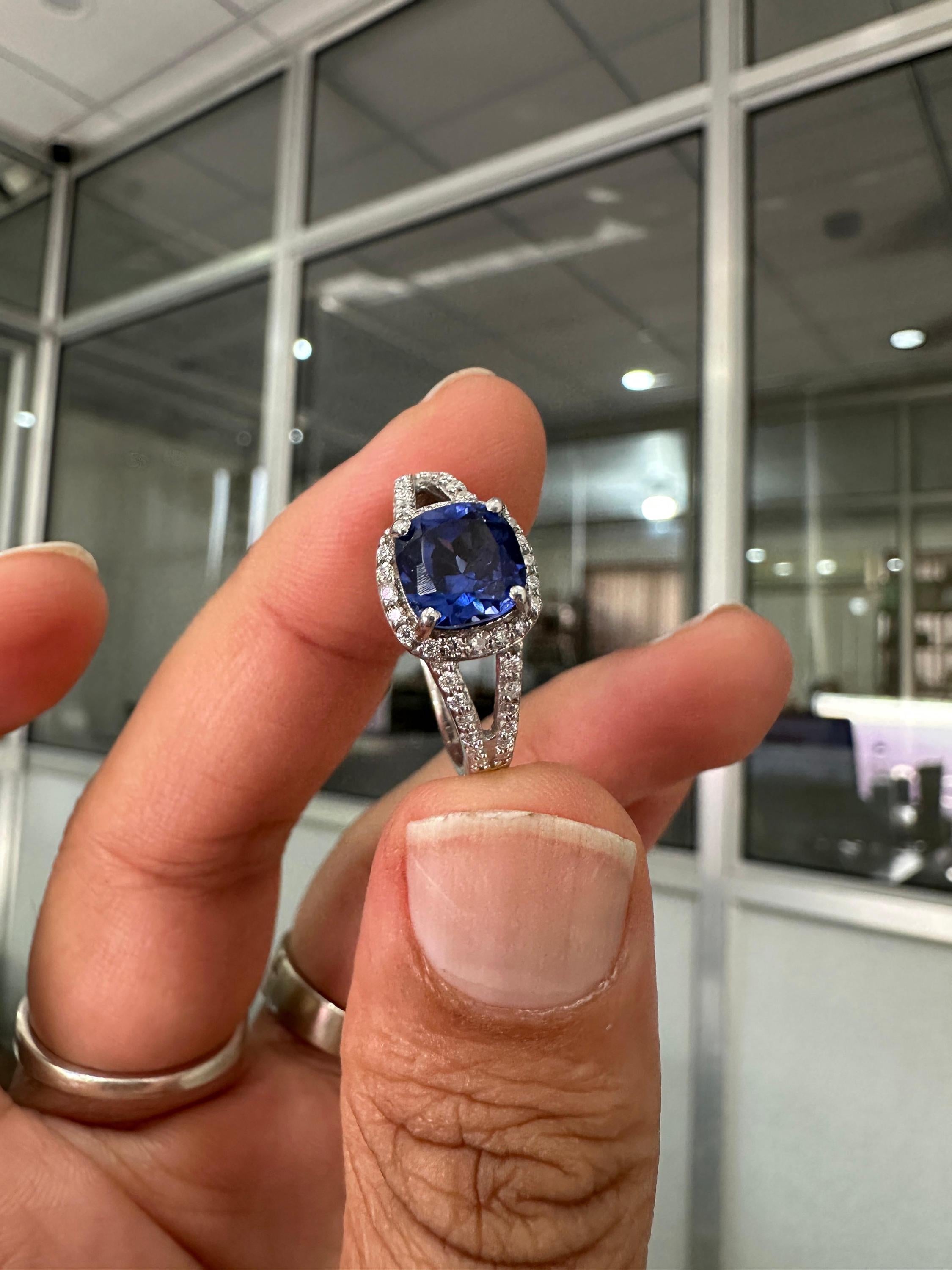 Cushion Cut Tanzanite Engagement Ring 14K White Gold Split Shank Diamond Accent Wedding Ring