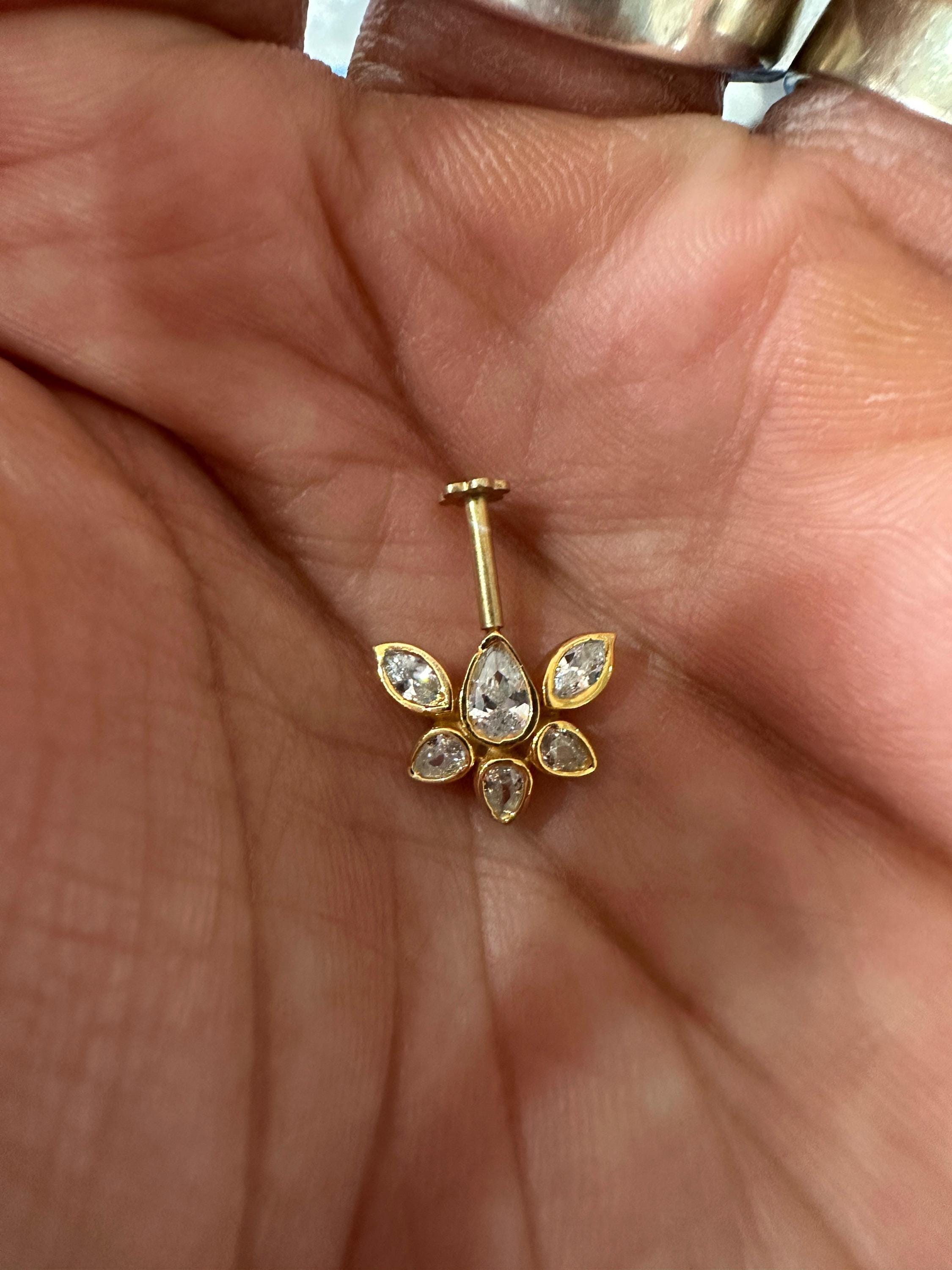 14K Gold Moissanite Floral Cluster Helix Earring, Flat Back Stud Piercing Jewelry
