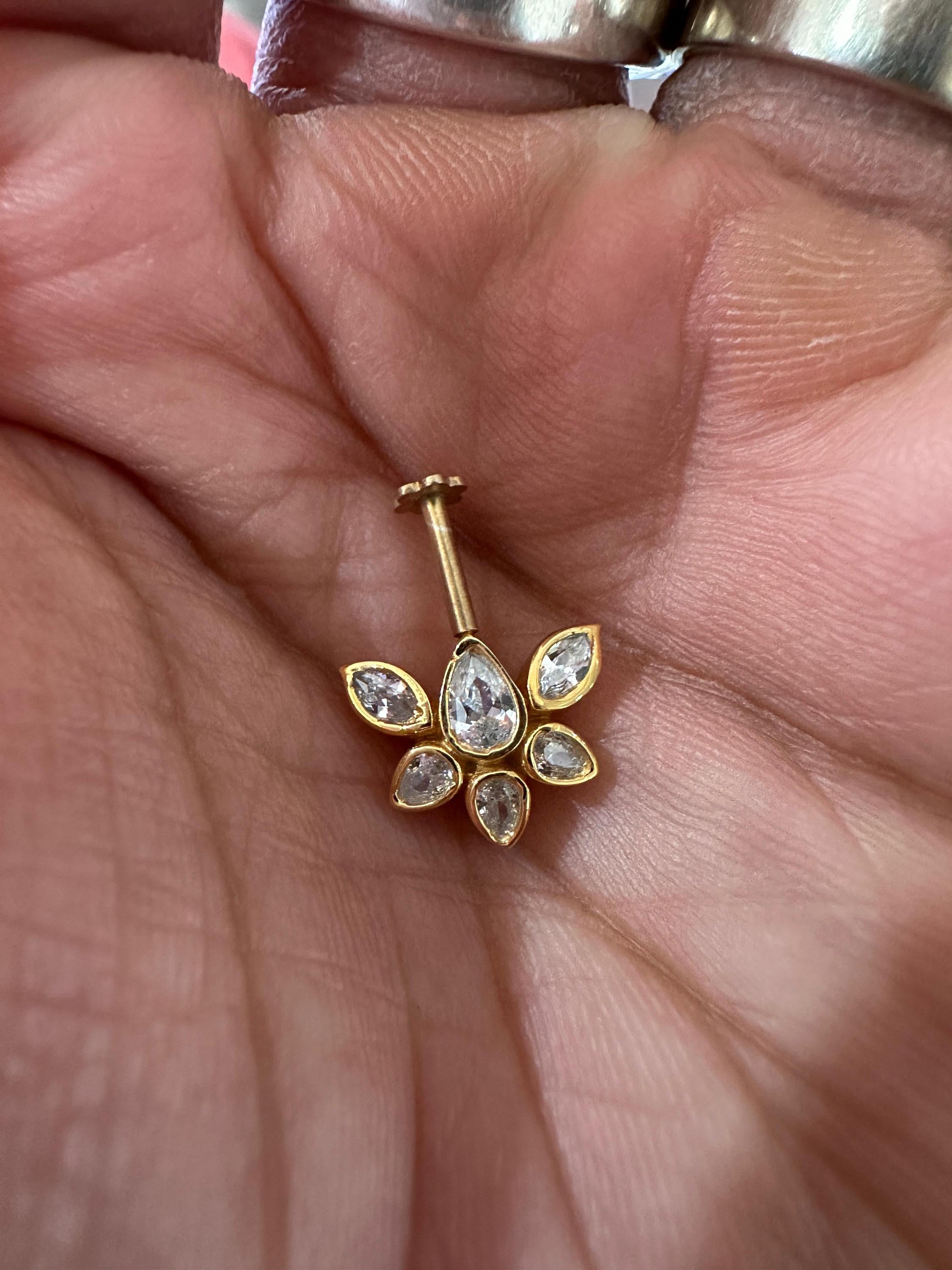 14K Gold Moissanite Floral Cluster Helix Earring, Flat Back Stud Piercing Jewelry