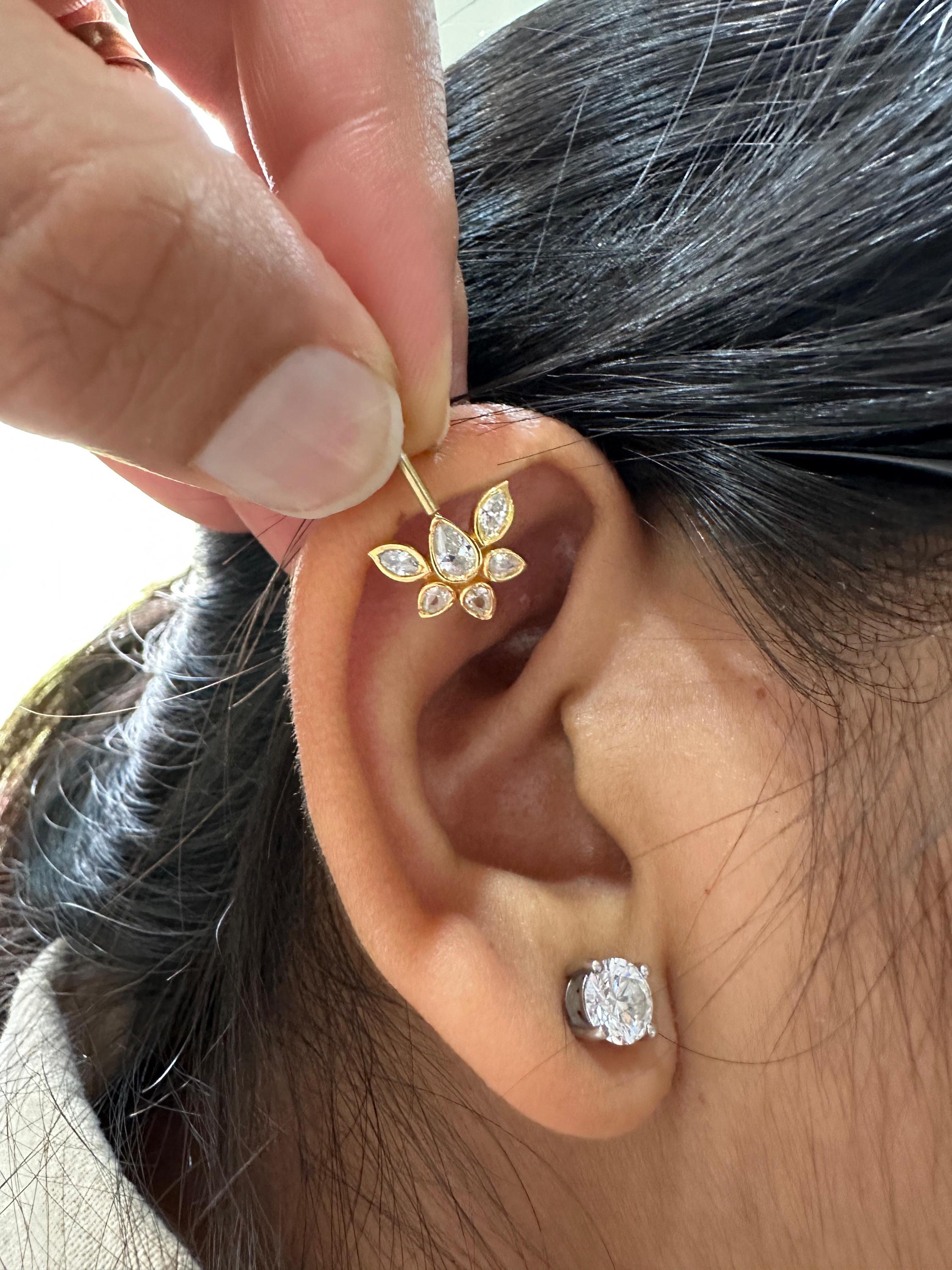 14K Gold Moissanite Floral Cluster Helix Earring, Flat Back Stud Piercing Jewelry