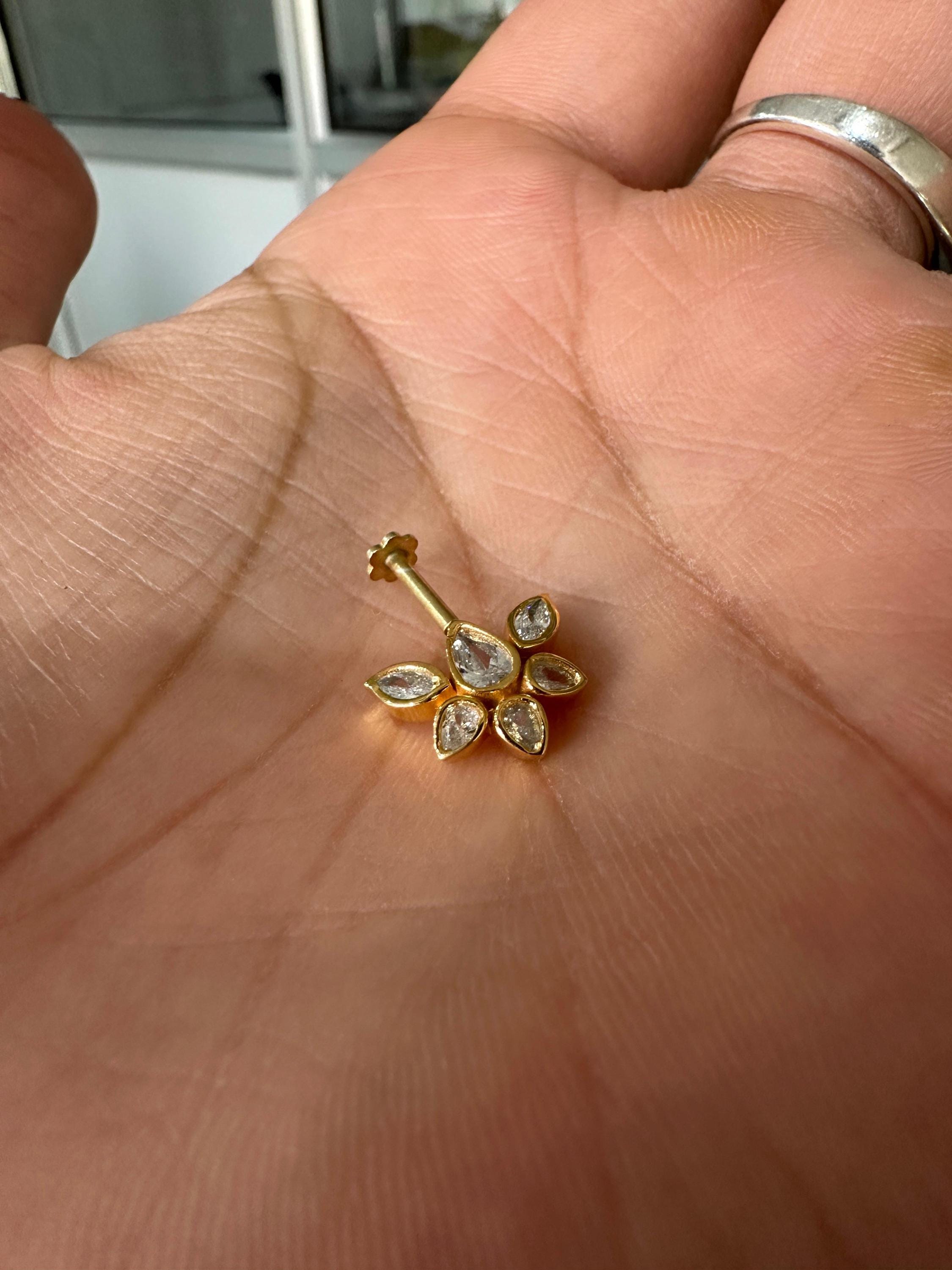 14K Gold Moissanite Floral Cluster Helix Earring, Flat Back Stud Piercing Jewelry