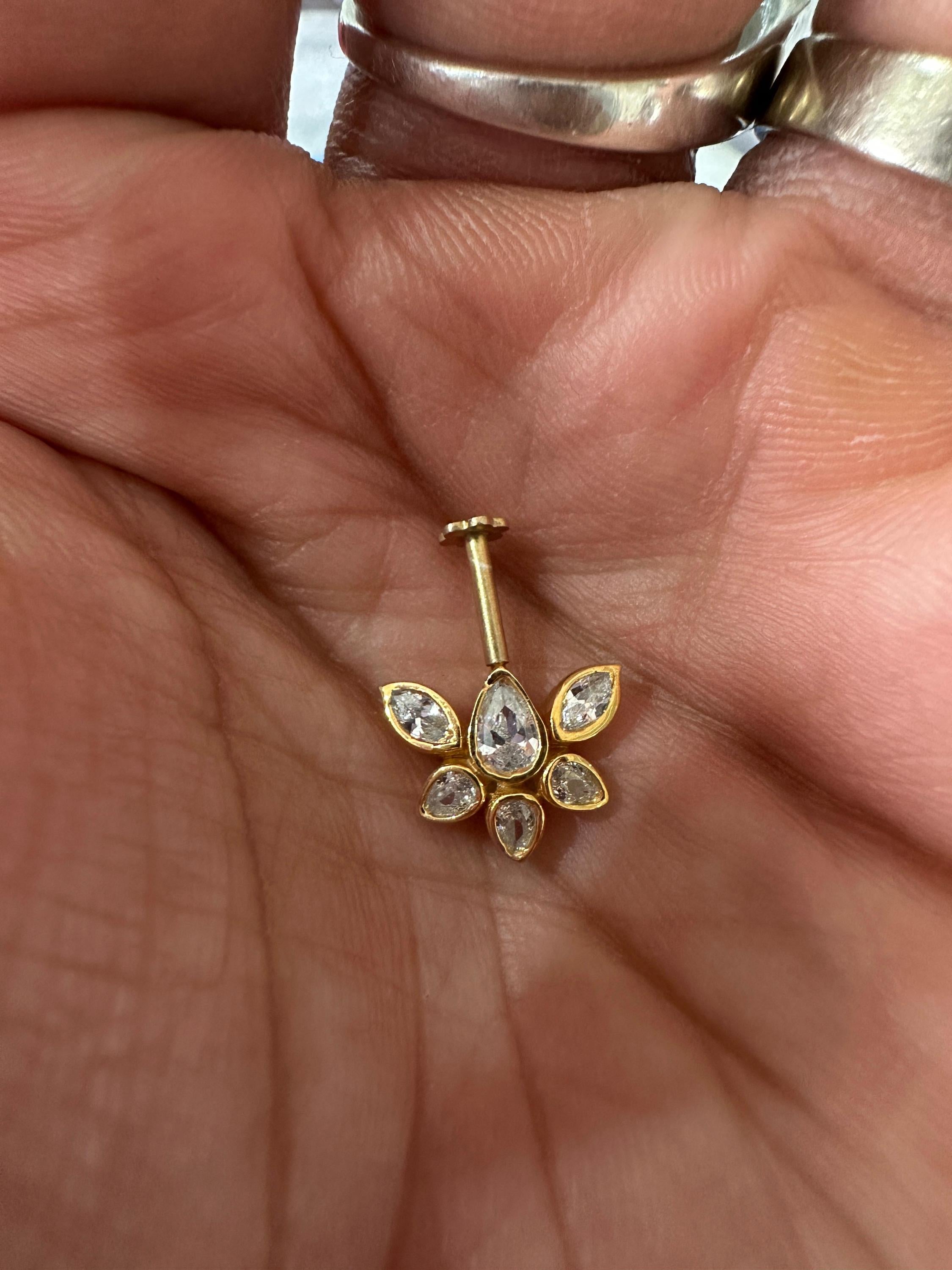 14K Gold Moissanite Floral Cluster Helix Earring, Flat Back Stud Piercing Jewelry