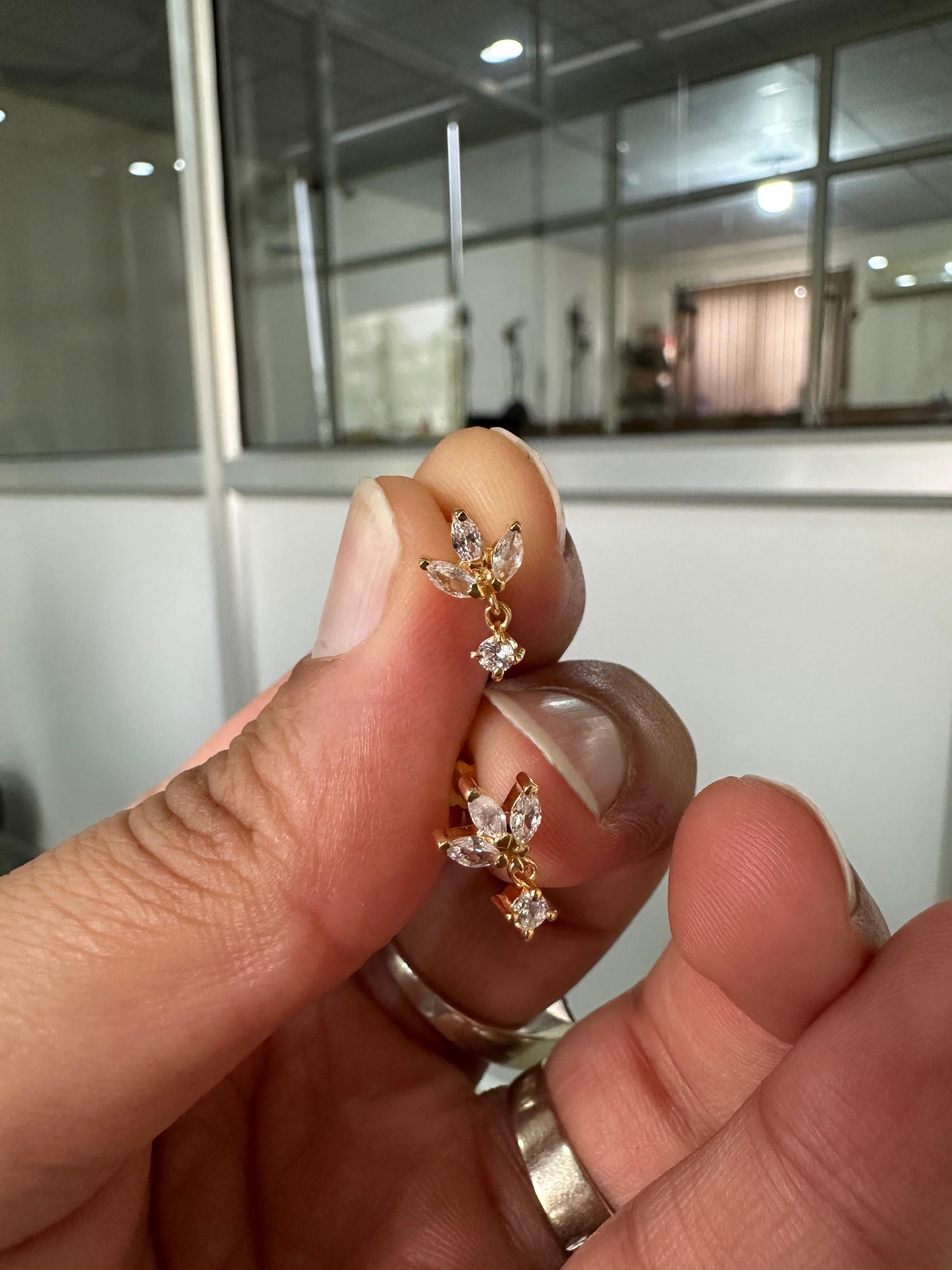 14K Gold Marquise Moissanite Floral Stud Earrings, Screw Back Dainty Drop