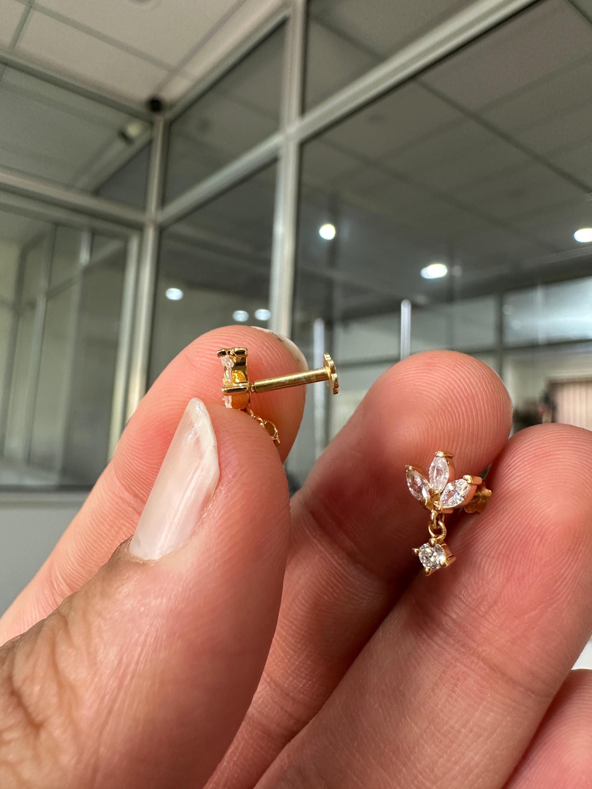 14K Gold Marquise Moissanite Floral Stud Earrings, Screw Back Dainty Drop