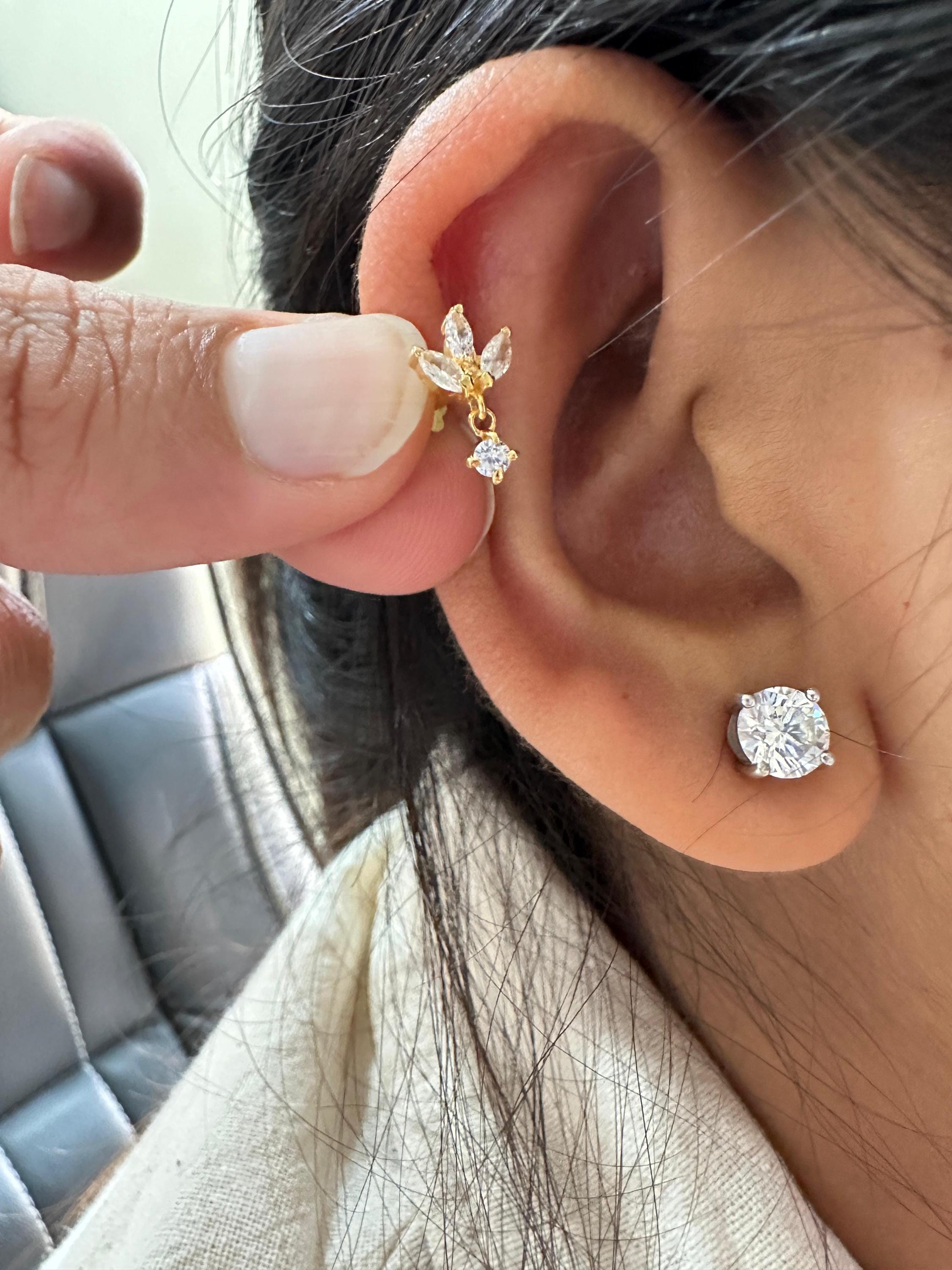 14K Gold Marquise Moissanite Floral Stud Earrings, Screw Back Dainty Drop