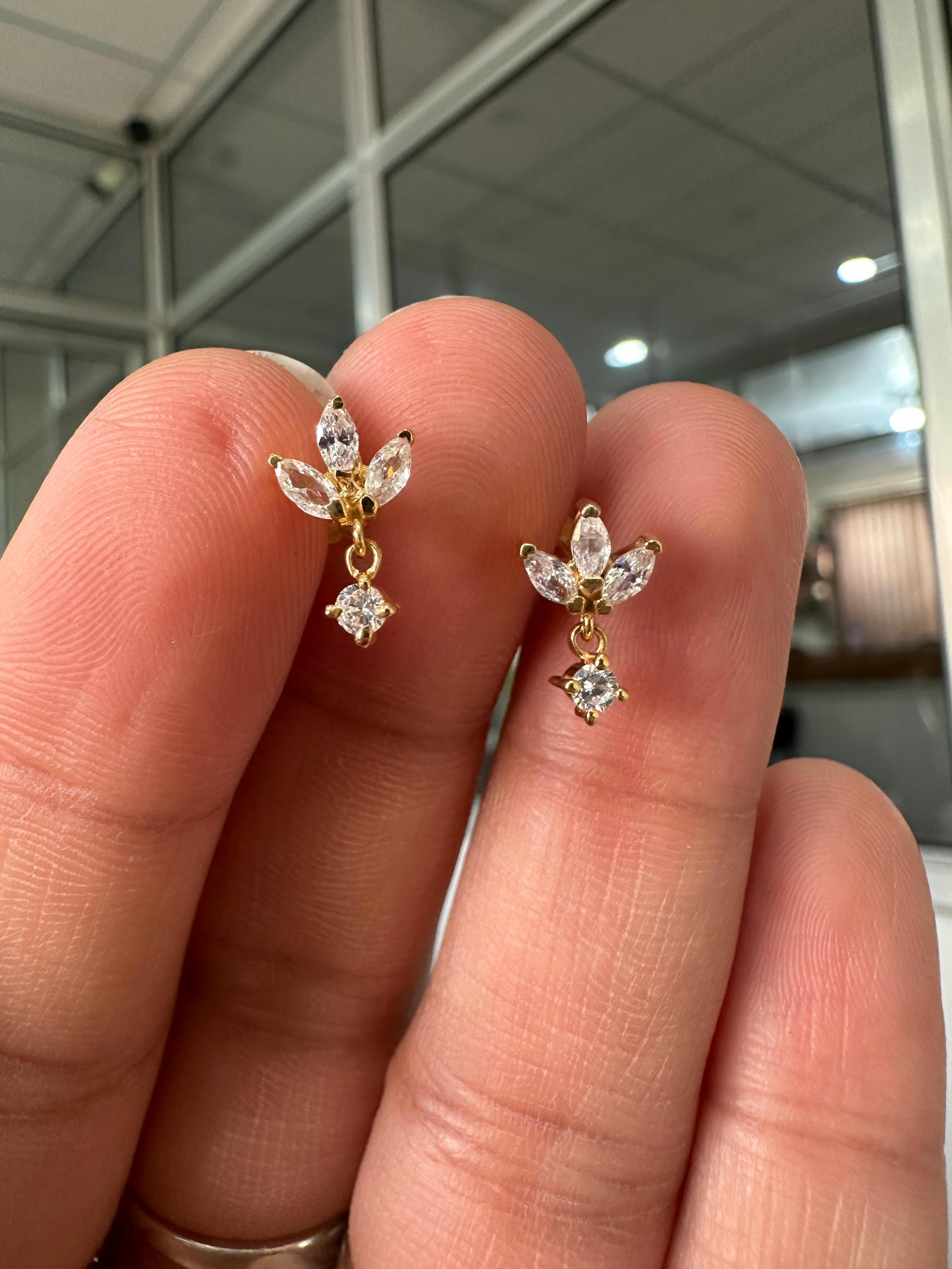 14K Gold Marquise Moissanite Floral Stud Earrings, Screw Back Dainty Drop