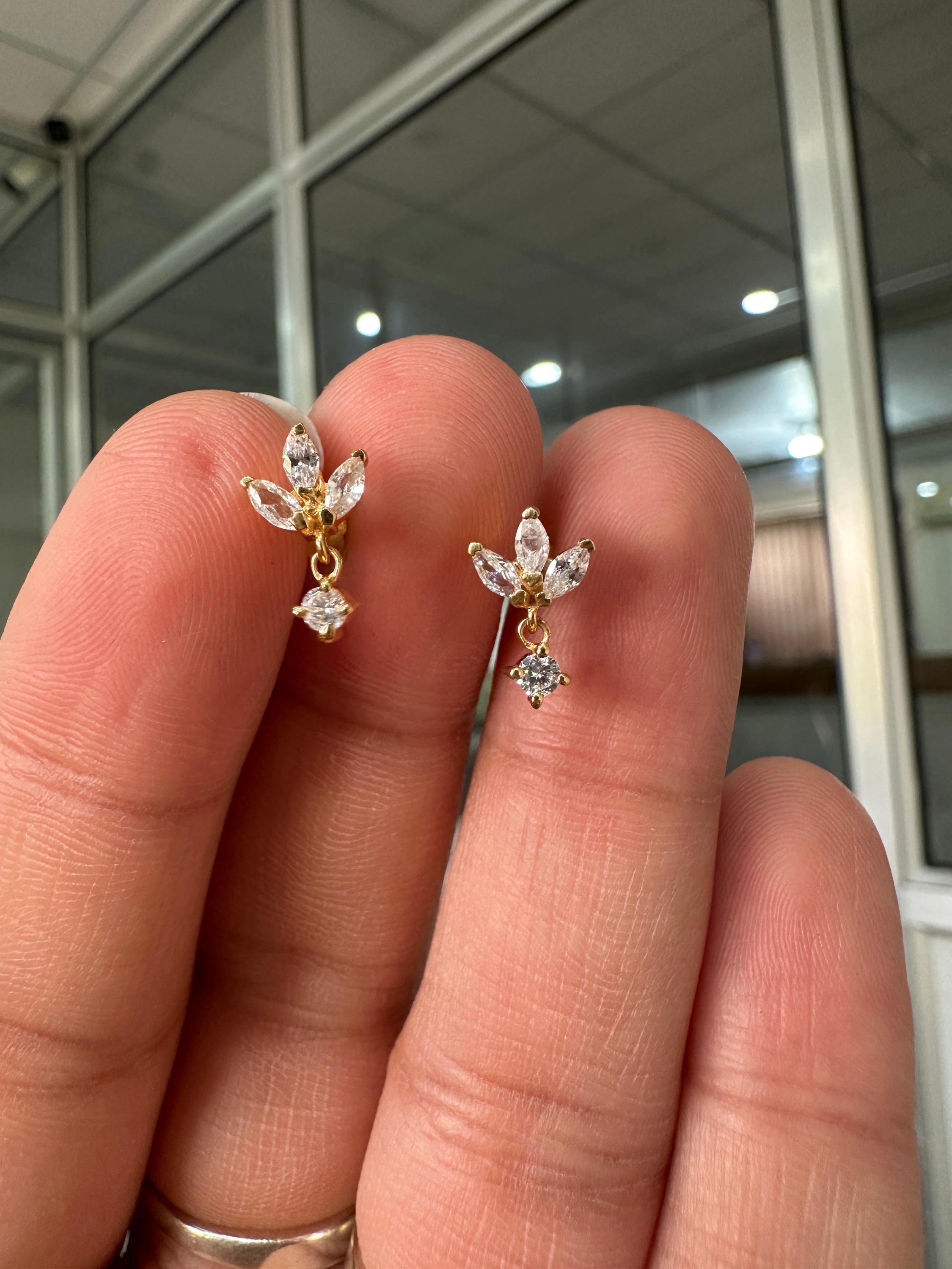 14K Gold Marquise Moissanite Floral Stud Earrings, Screw Back Dainty Drop