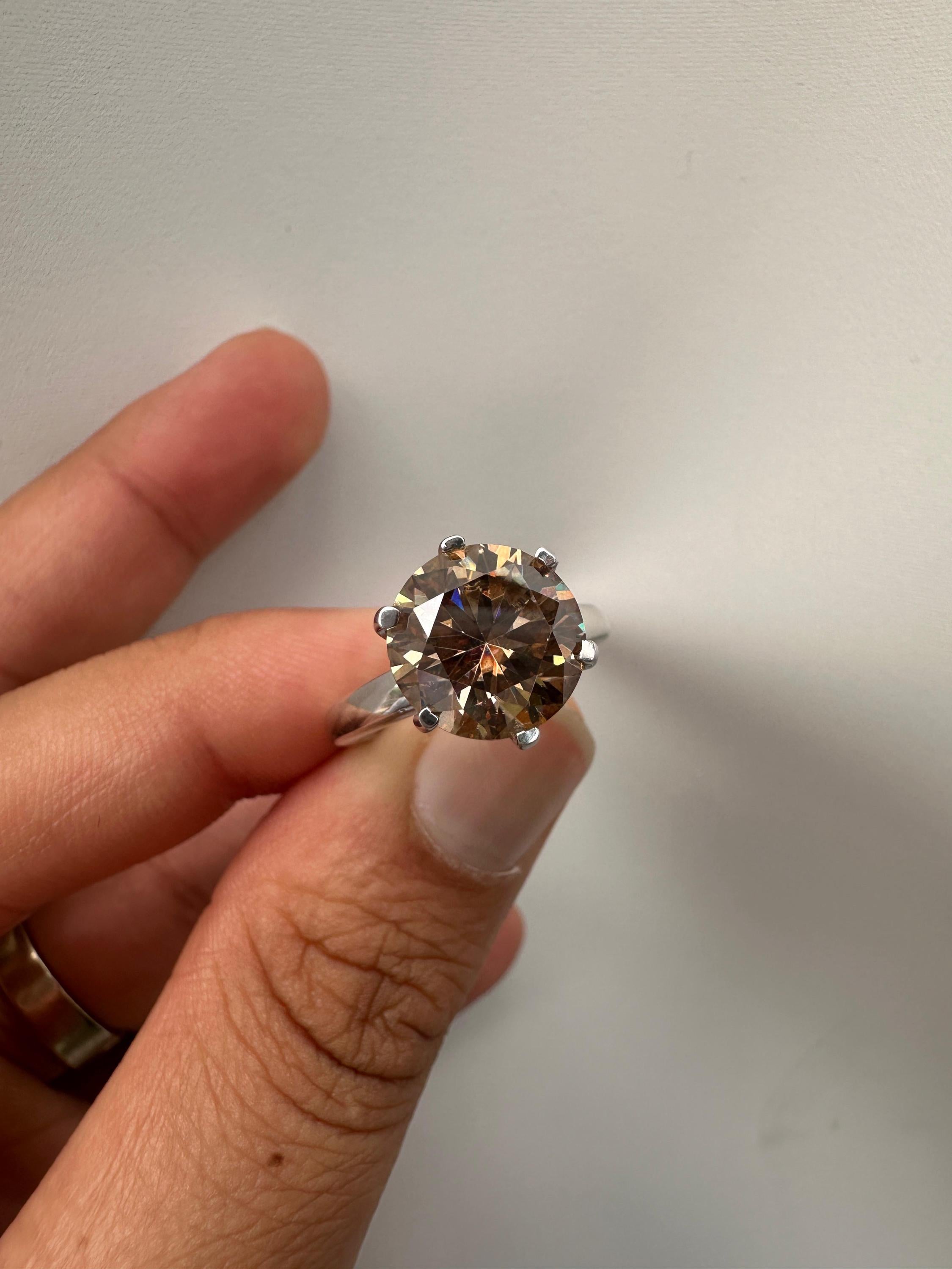 6 CT Champagne Moissanite Engagement Ring, 14K White Gold Round Solitaire Statement Ring
