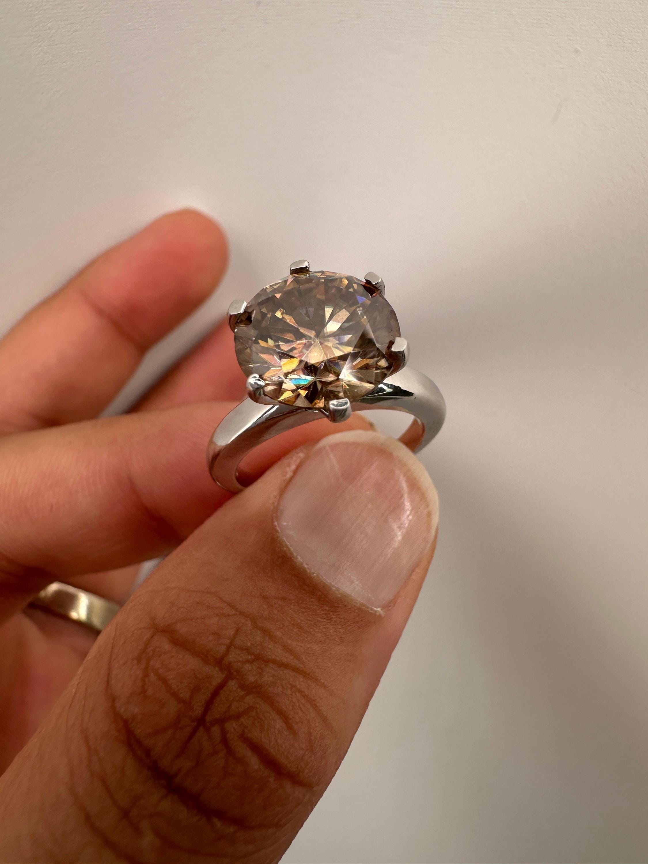 6 CT Champagne Moissanite Engagement Ring, 14K White Gold Round Solitaire Statement Ring