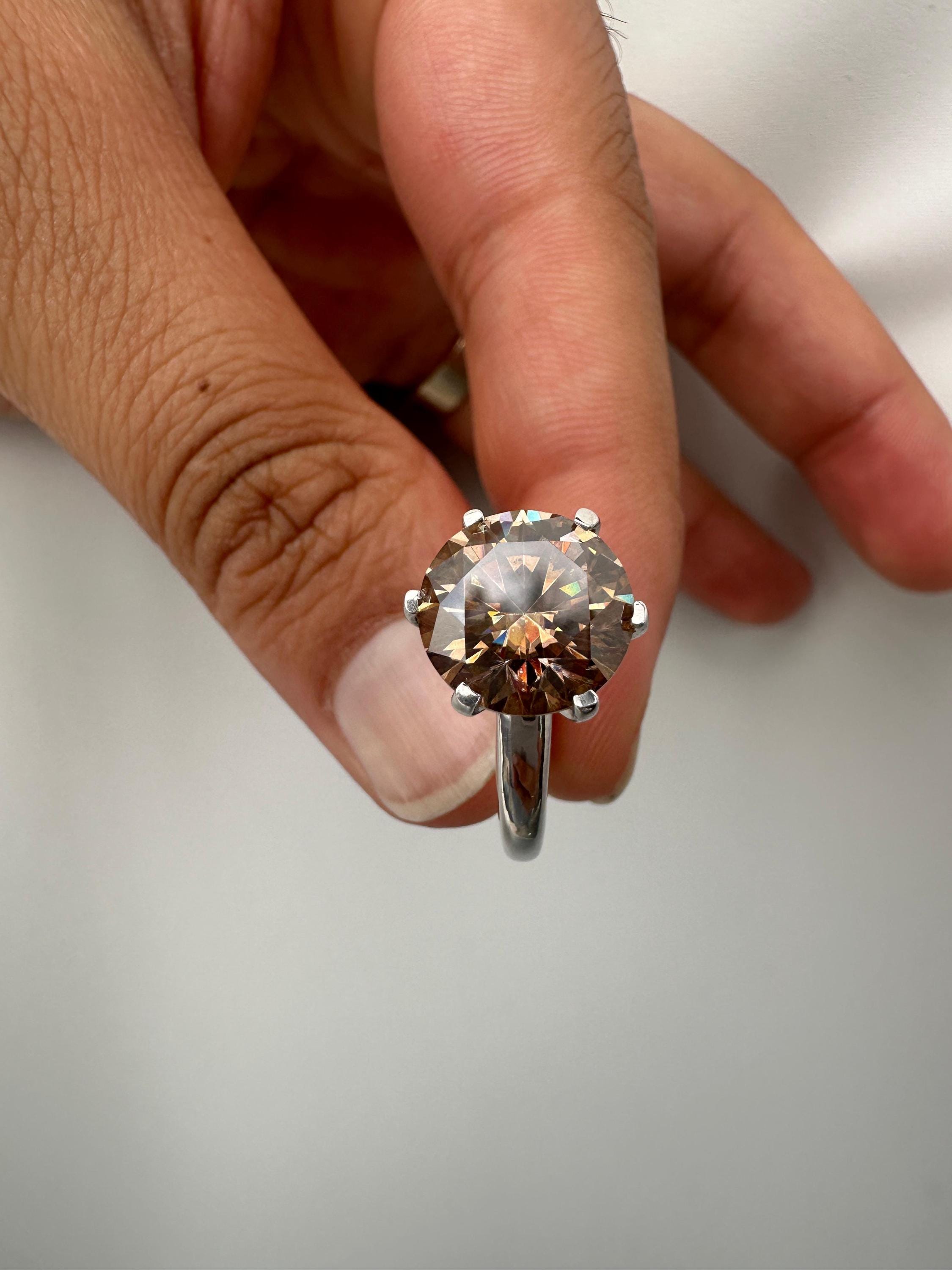6 CT Champagne Moissanite Engagement Ring, 14K White Gold Round Solitaire Statement Ring