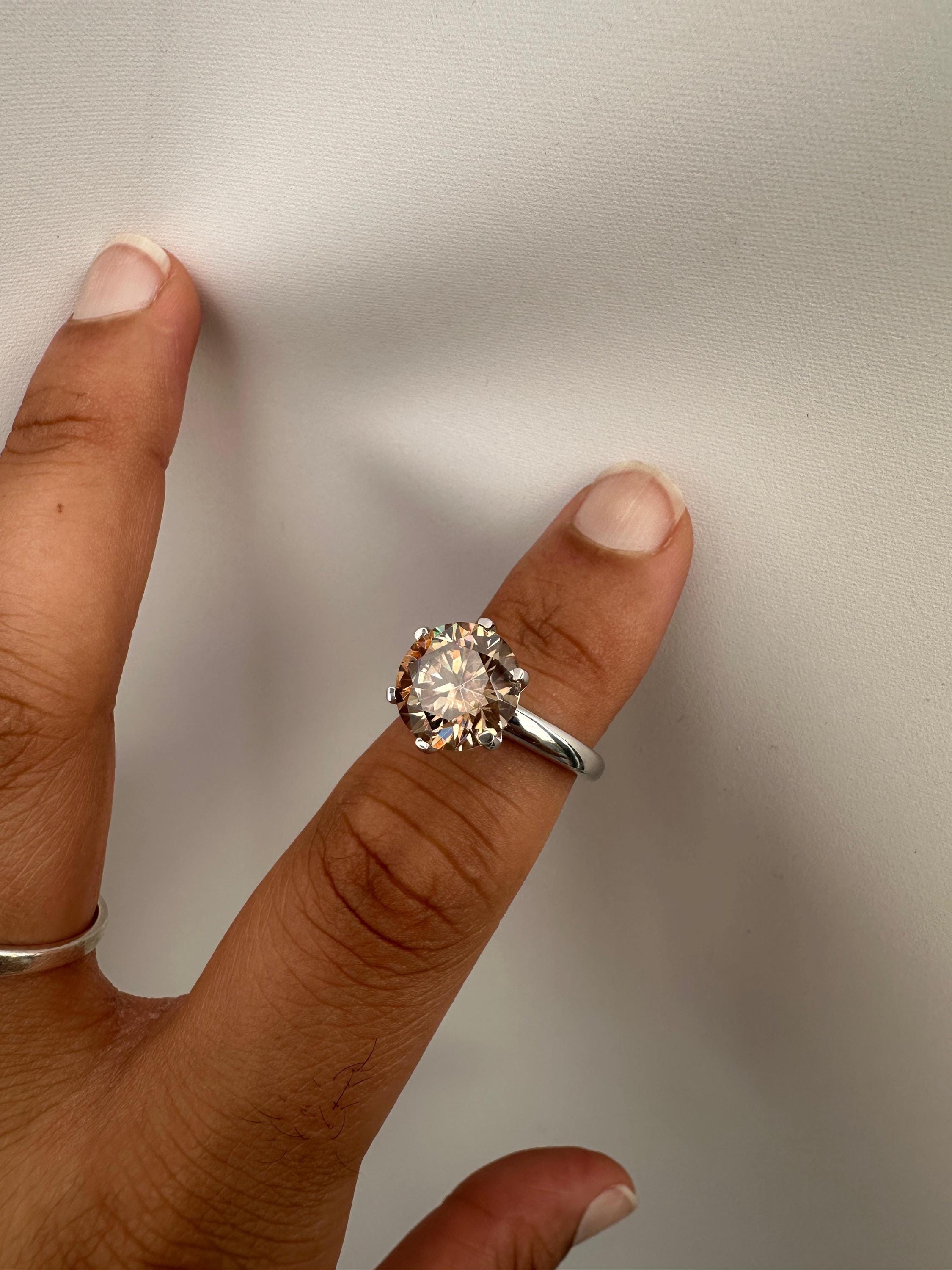 6 CT Champagne Moissanite Engagement Ring, 14K White Gold Round Solitaire Statement Ring