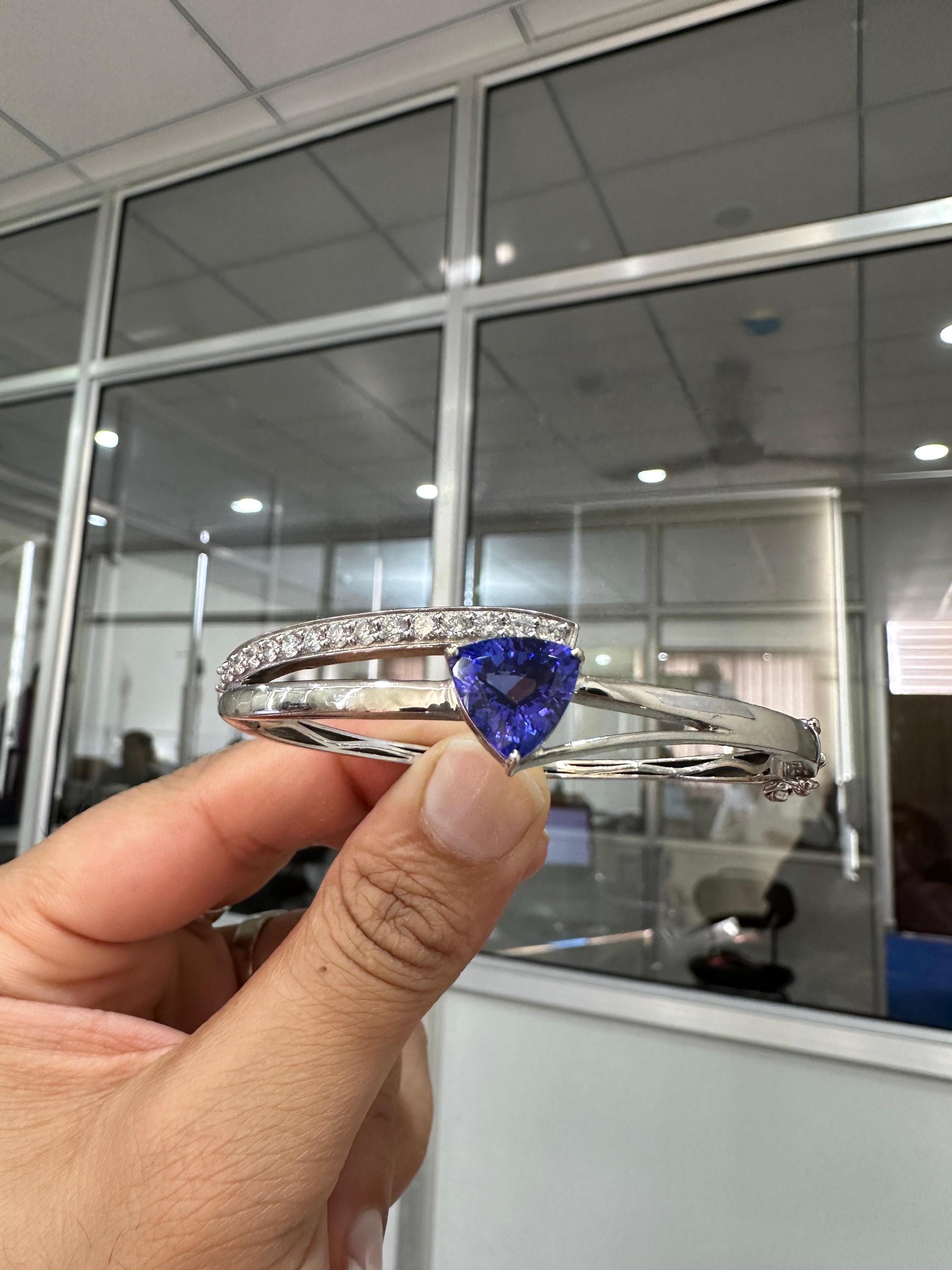 Trillion Shape Tanzanite Diamond Bangle Bracelet in 14K White Gold, Fine Jewelry gift