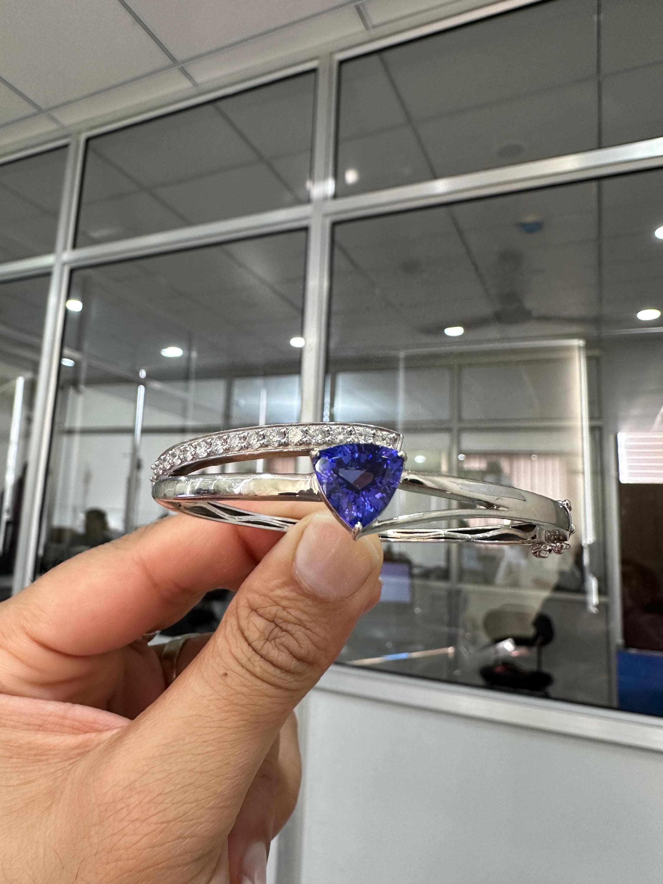 Custom made Trillion Tanzanite Diamond Bangle Bracelet 14K White Gold, Luxurious Jewelry gift