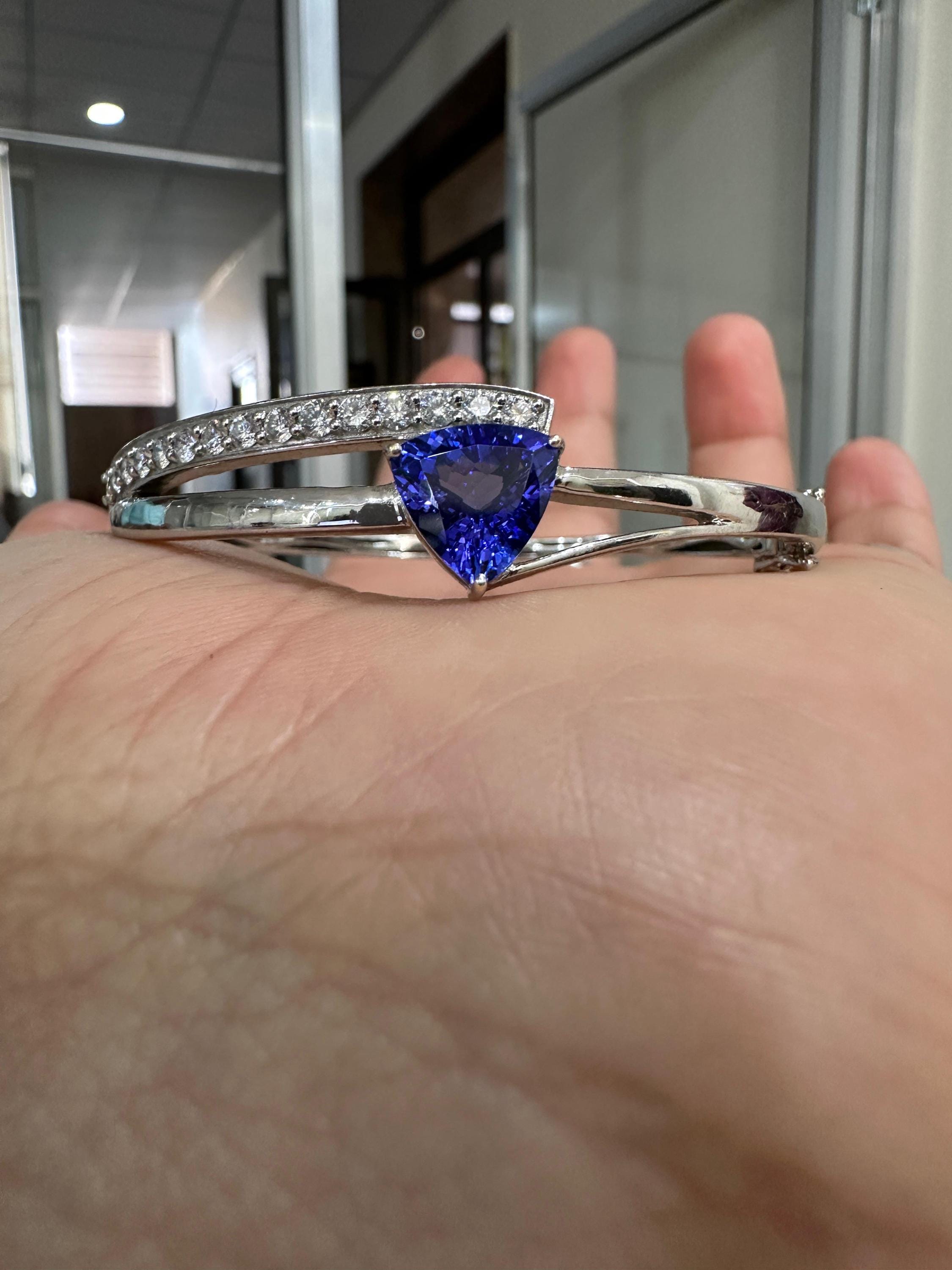 Custom made Trillion Tanzanite Diamond Bangle Bracelet 14K White Gold, Luxurious Jewelry gift