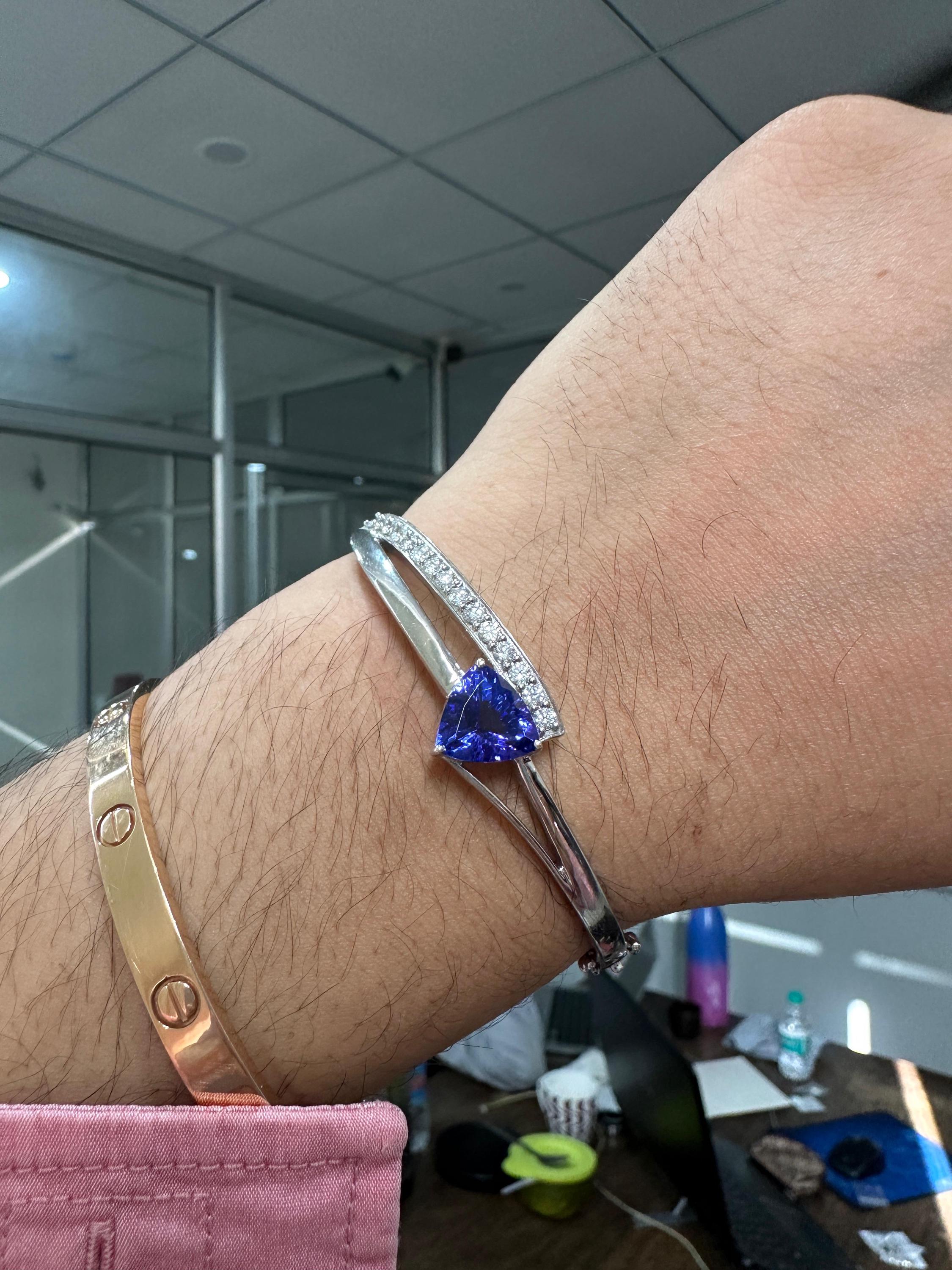 Trillion Shape Tanzanite Diamond Bangle Bracelet in 14K White Gold, Fine Jewelry gift