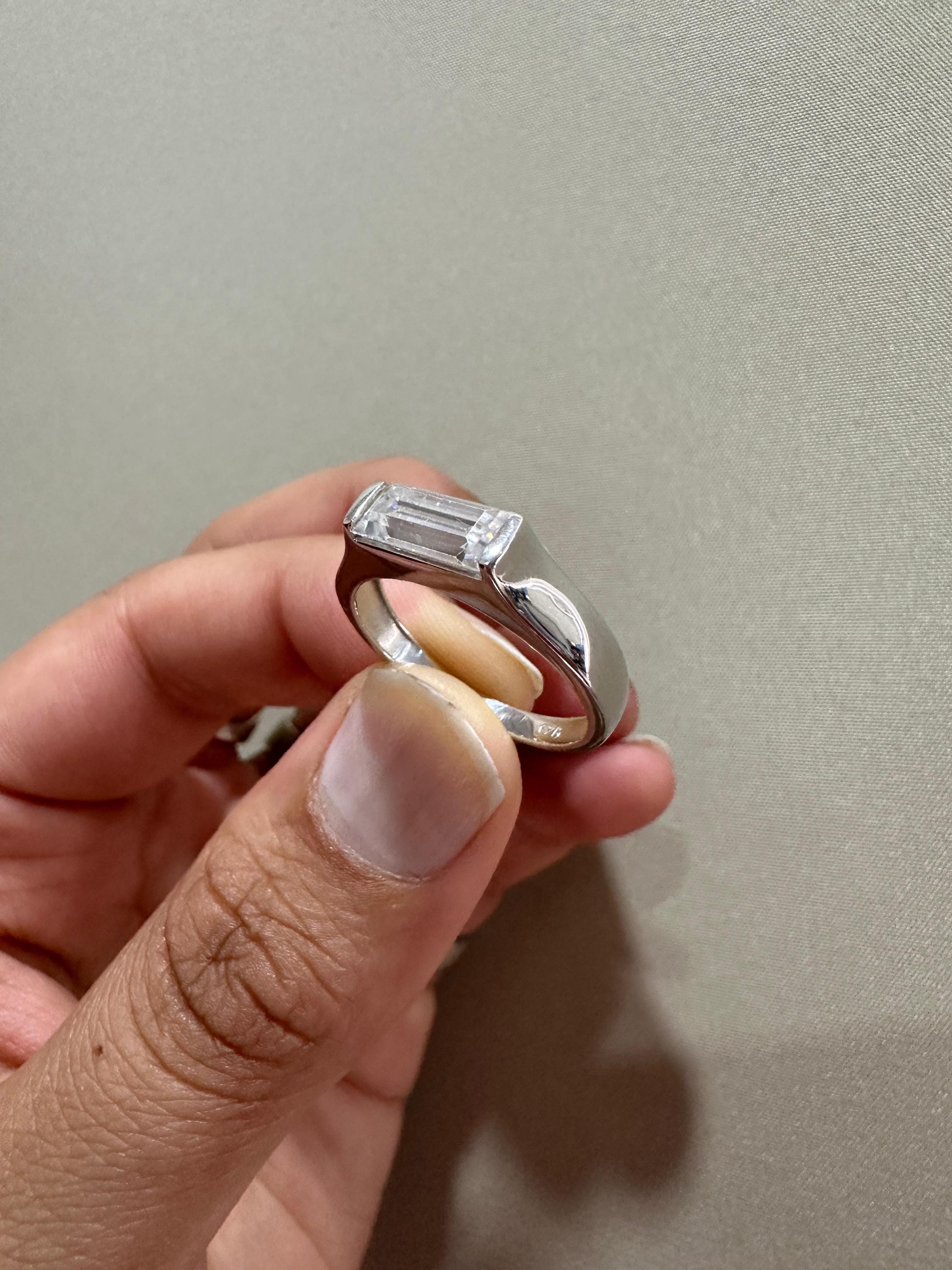 18K White Gold Moissanite Signet Ring | Modern Minimalist Engagement Band for Him
