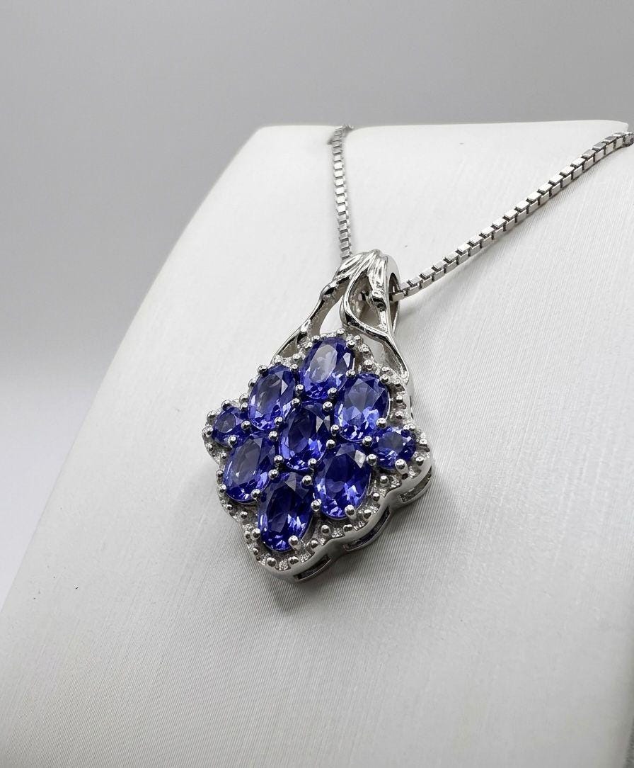 Tanzanite Cluster Pendant Necklace: 925 Sterling Silver Jewelry for her
