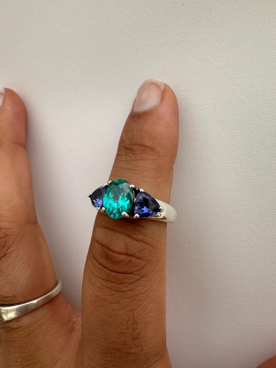 Ocean Paraiba Tanzanite Engagement Ring, 14K White Gold Three-Stone Blue Gemstone Ring