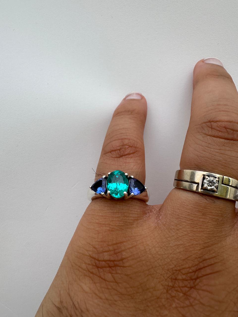 Ocean Paraiba Tanzanite Engagement Ring, 14K White Gold Three-Stone Blue Gemstone Ring