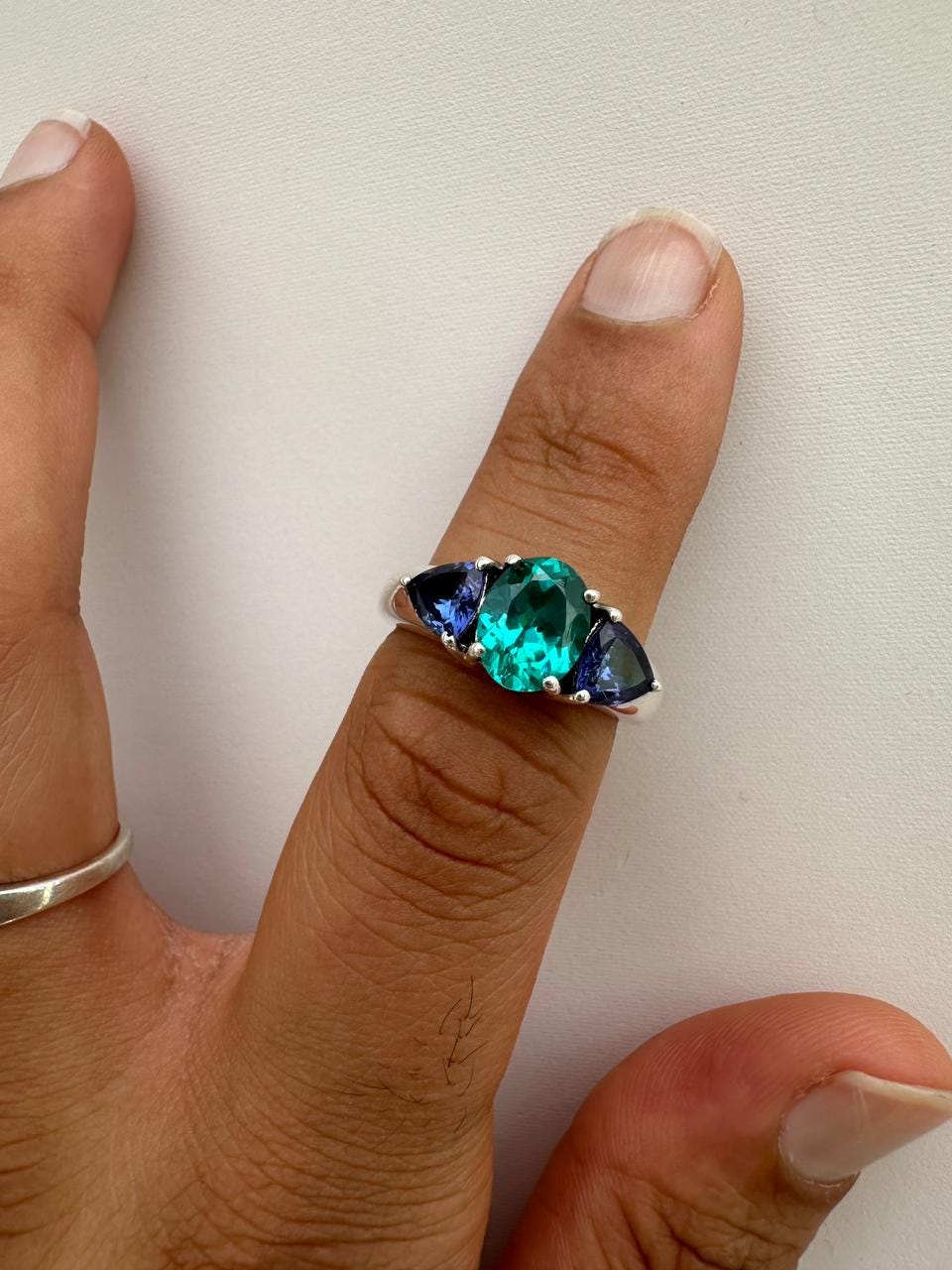 Ocean Paraiba Tanzanite Engagement Ring, 14K White Gold Three-Stone Blue Gemstone Ring