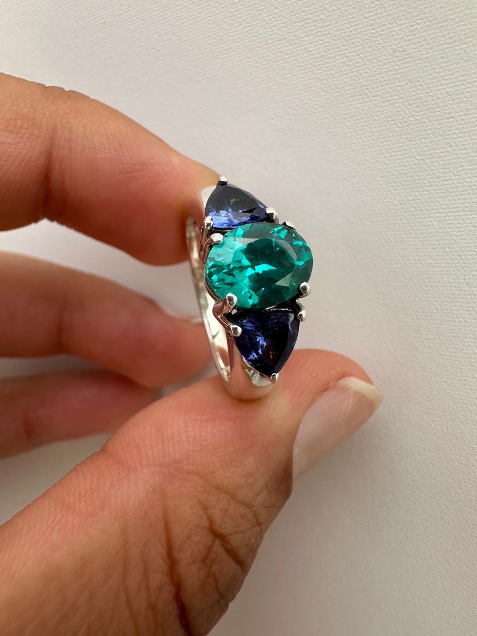 Ocean Paraiba Tanzanite Engagement Ring, 14K White Gold Three-Stone Blue Gemstone Ring