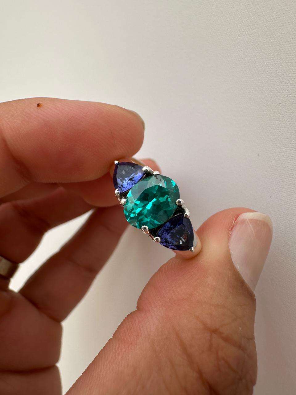 Ocean Paraiba Tanzanite Engagement Ring, 14K White Gold Three-Stone Blue Gemstone Ring