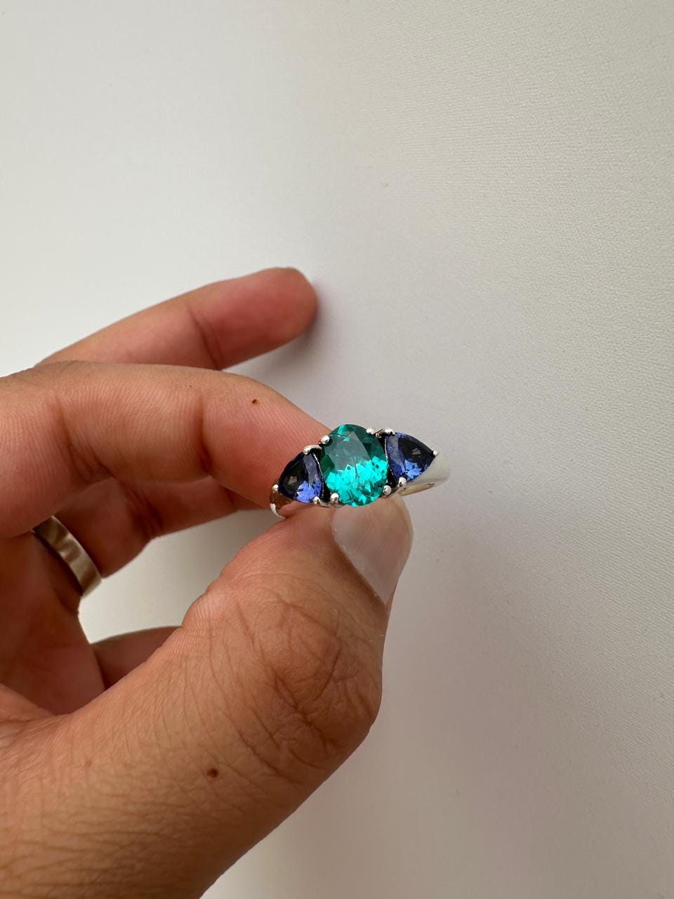 Ocean Paraiba Tanzanite Engagement Ring, 14K White Gold Three-Stone Blue Gemstone Ring