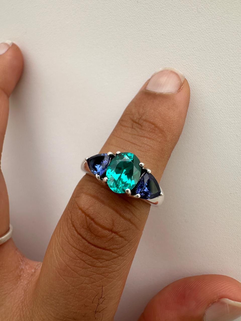 Ocean Paraiba Tanzanite Engagement Ring, 14K White Gold Three-Stone Blue Gemstone Ring