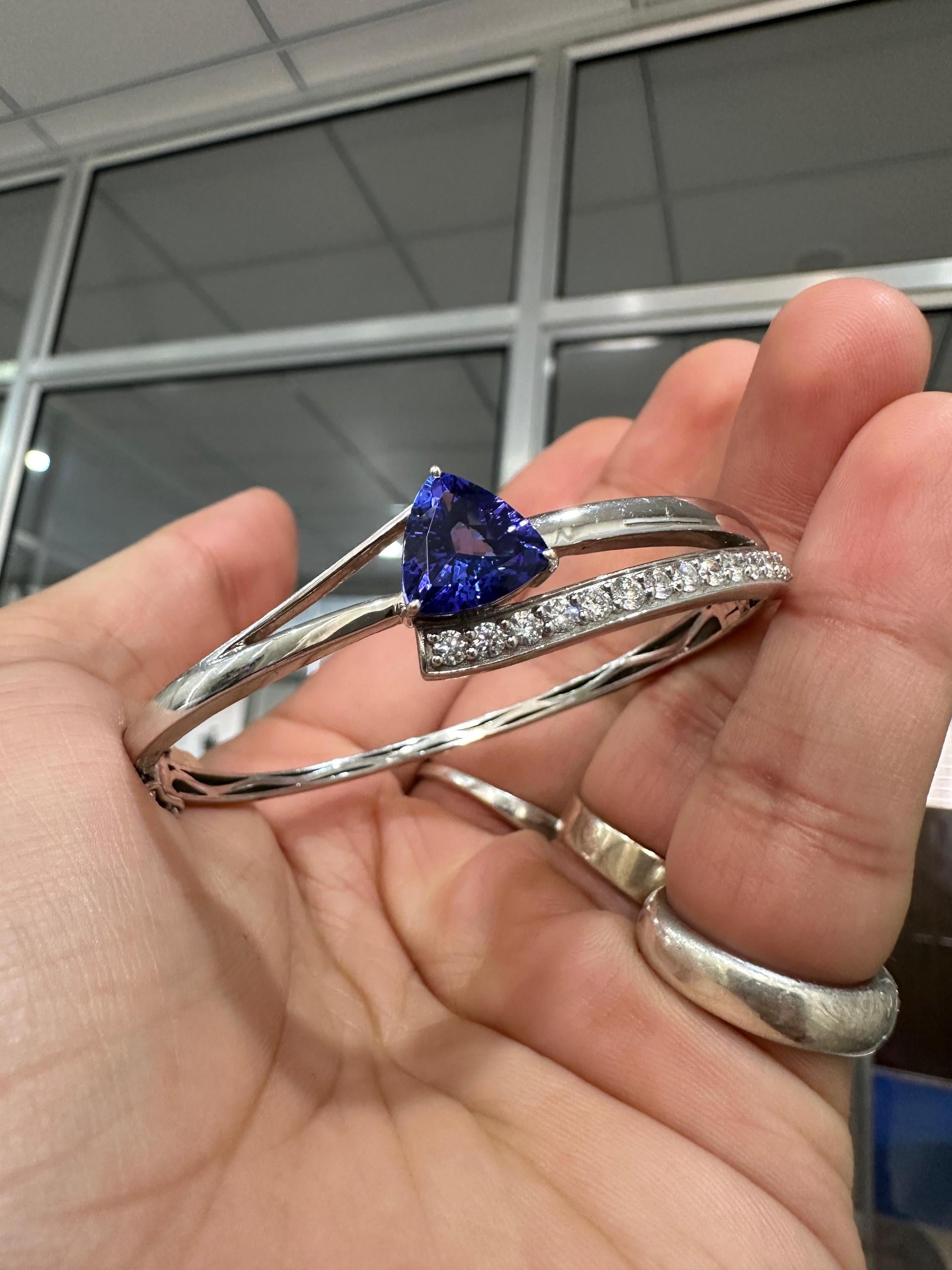 Custom made Trillion Tanzanite Diamond Bangle Bracelet 14K White Gold, Luxurious Jewelry gift
