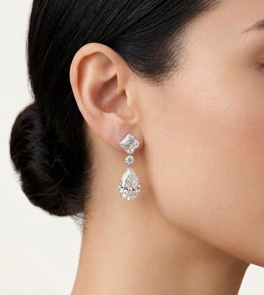 Asscher Pear Cut Moissanite Drop Earrings | 14k Gold Bridal Wedding Jewelry