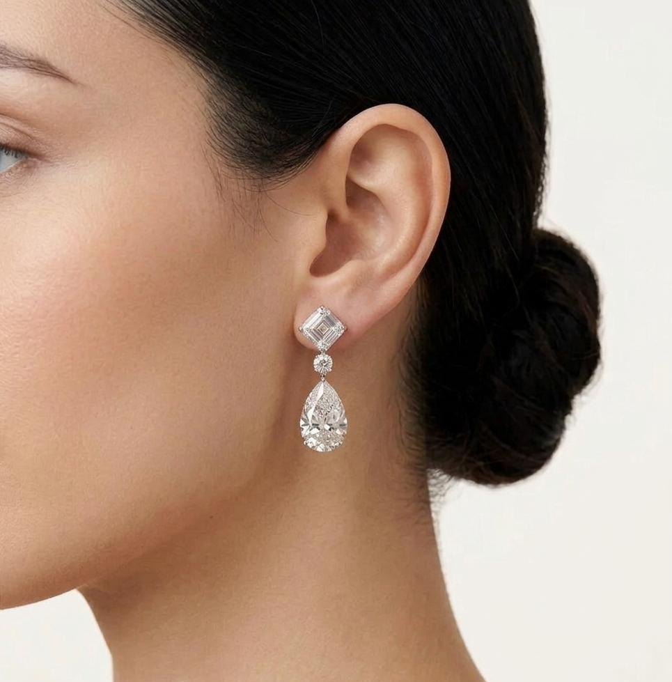 Asscher Pear Cut Moissanite Drop Earrings | 14k Gold Bridal Wedding Jewelry