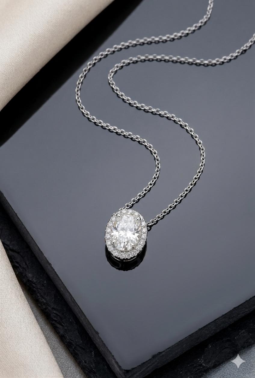Oval Lab Diamond Halo Pendant | 14K White Gold, 3 CT IGI Certified
