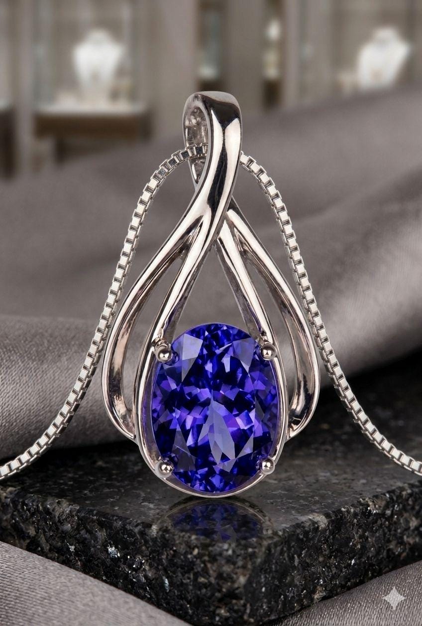 Tanzanite Infinity Pendant | 2 CT Oval shape Rare Gemstone Statement Necklace, 14k Gold Luxury Jewelry