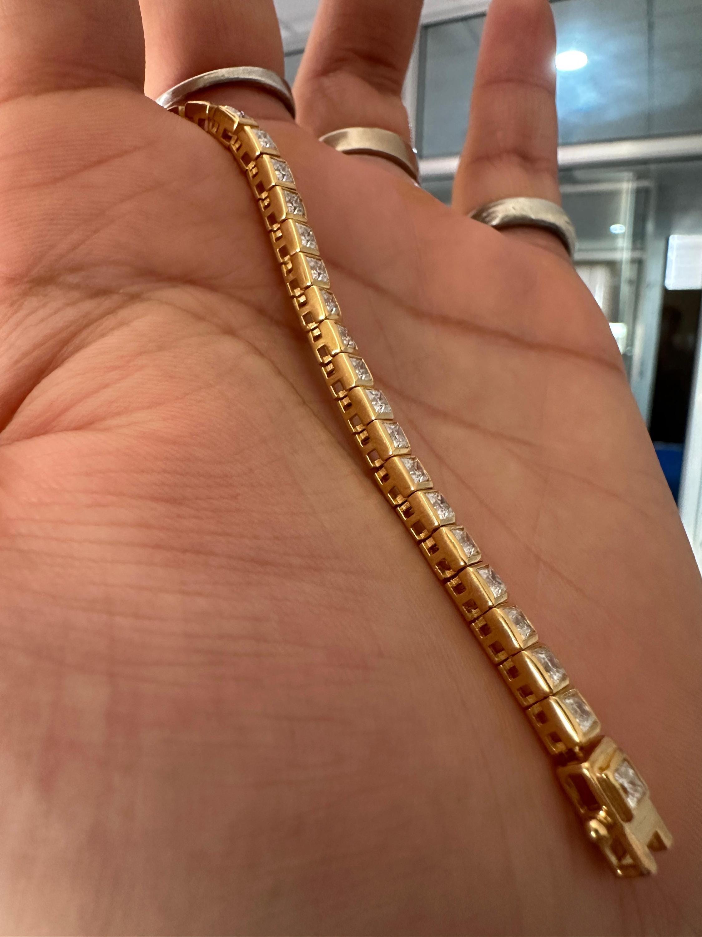 Princess Cut Moissanite Tennis Bracelet, 14K Yellow Gold Plated Bezel Setting