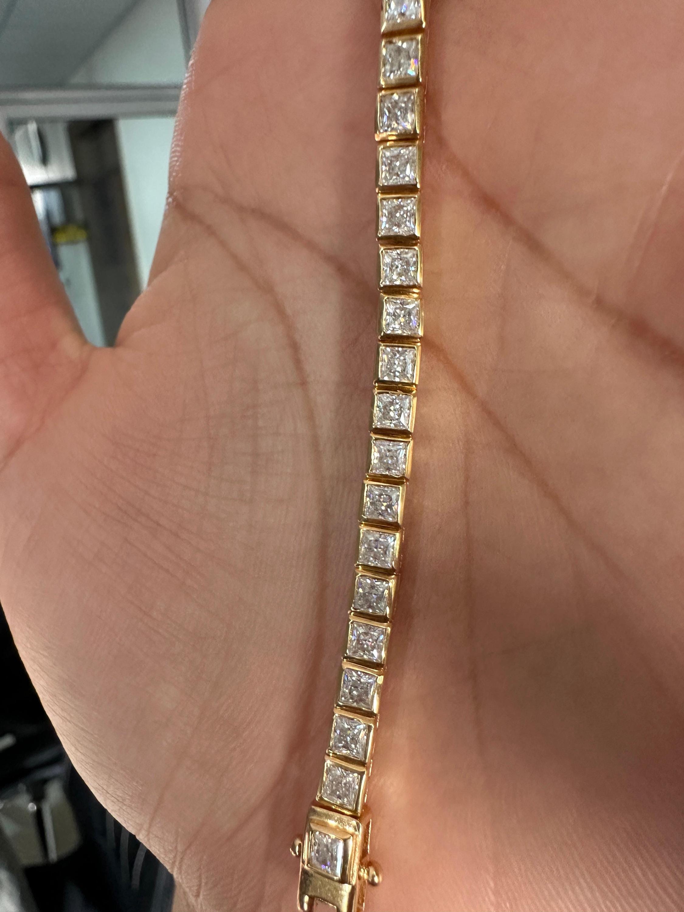 Princess Cut Moissanite Tennis Bracelet, 14K Yellow Gold Plated Bezel Setting
