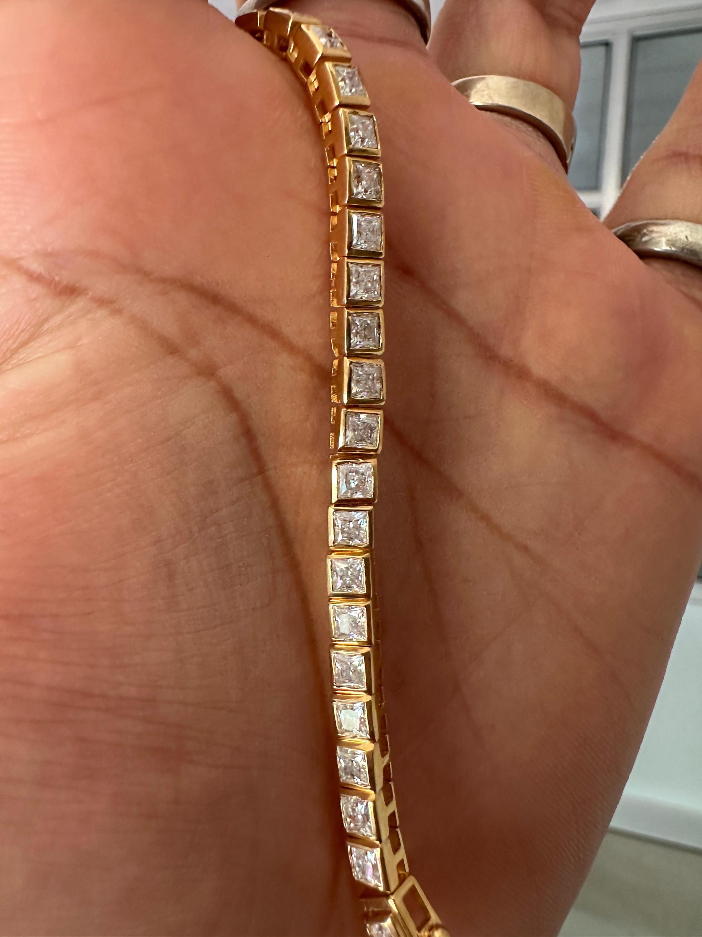 Princess Cut Moissanite Tennis Bracelet, 14K Yellow Gold Plated Bezel Setting