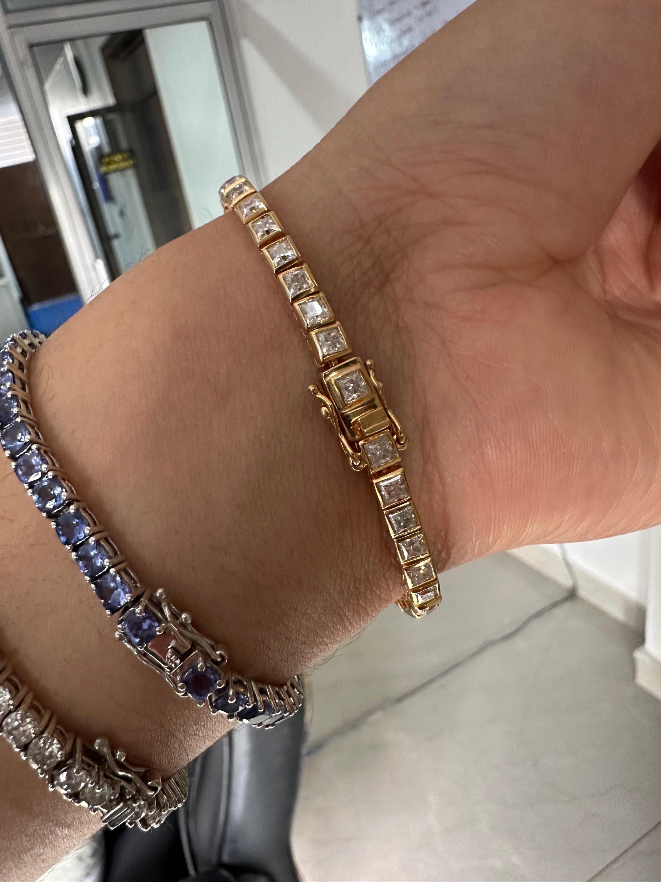Princess Cut Moissanite Tennis Bracelet, 14K Yellow Gold Plated Bezel Setting