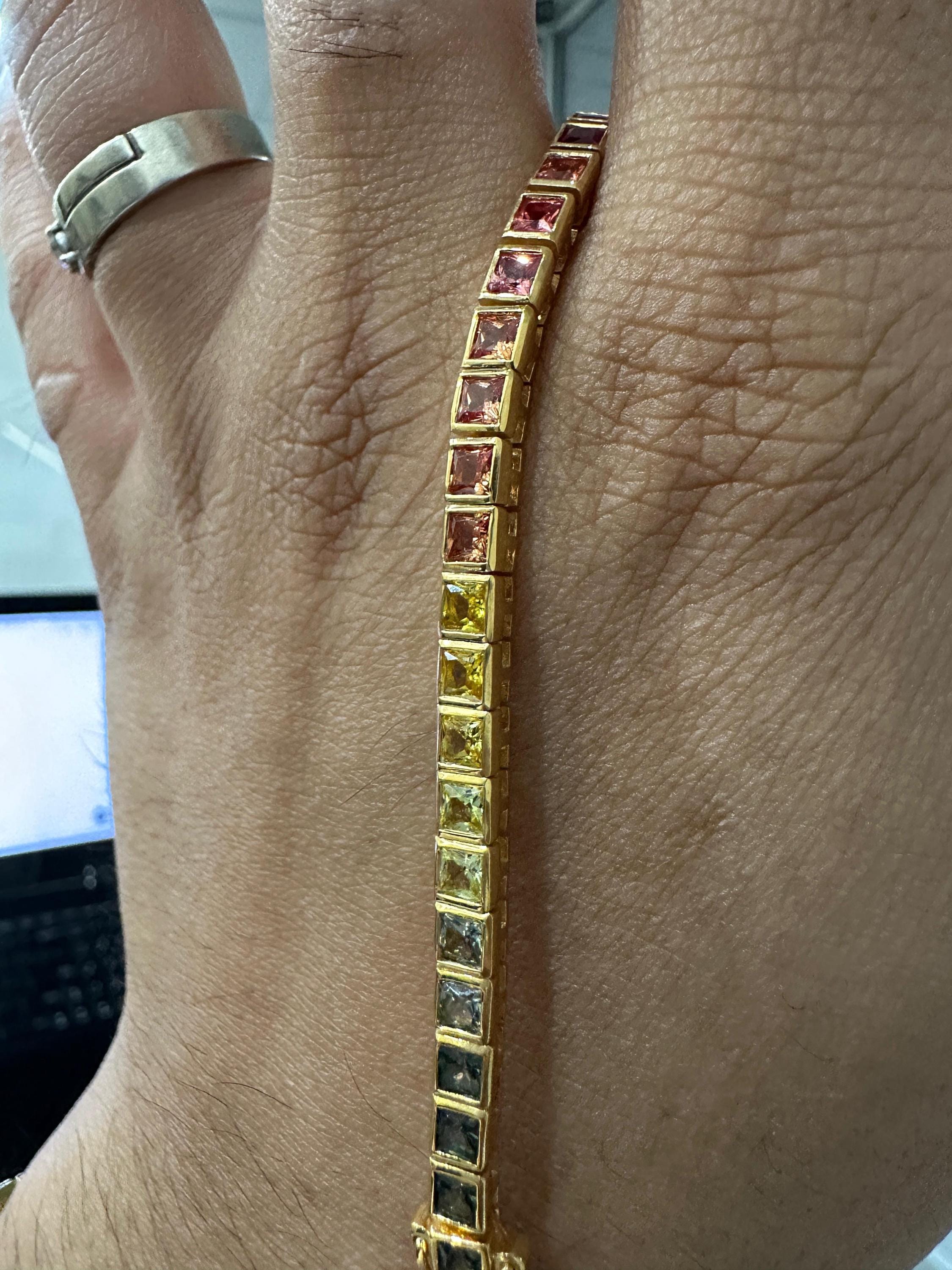 Rainbow Tourmaline Tennis Bracelet | Princess Cut 8 CT Gold Finish Bezel Set bracelet