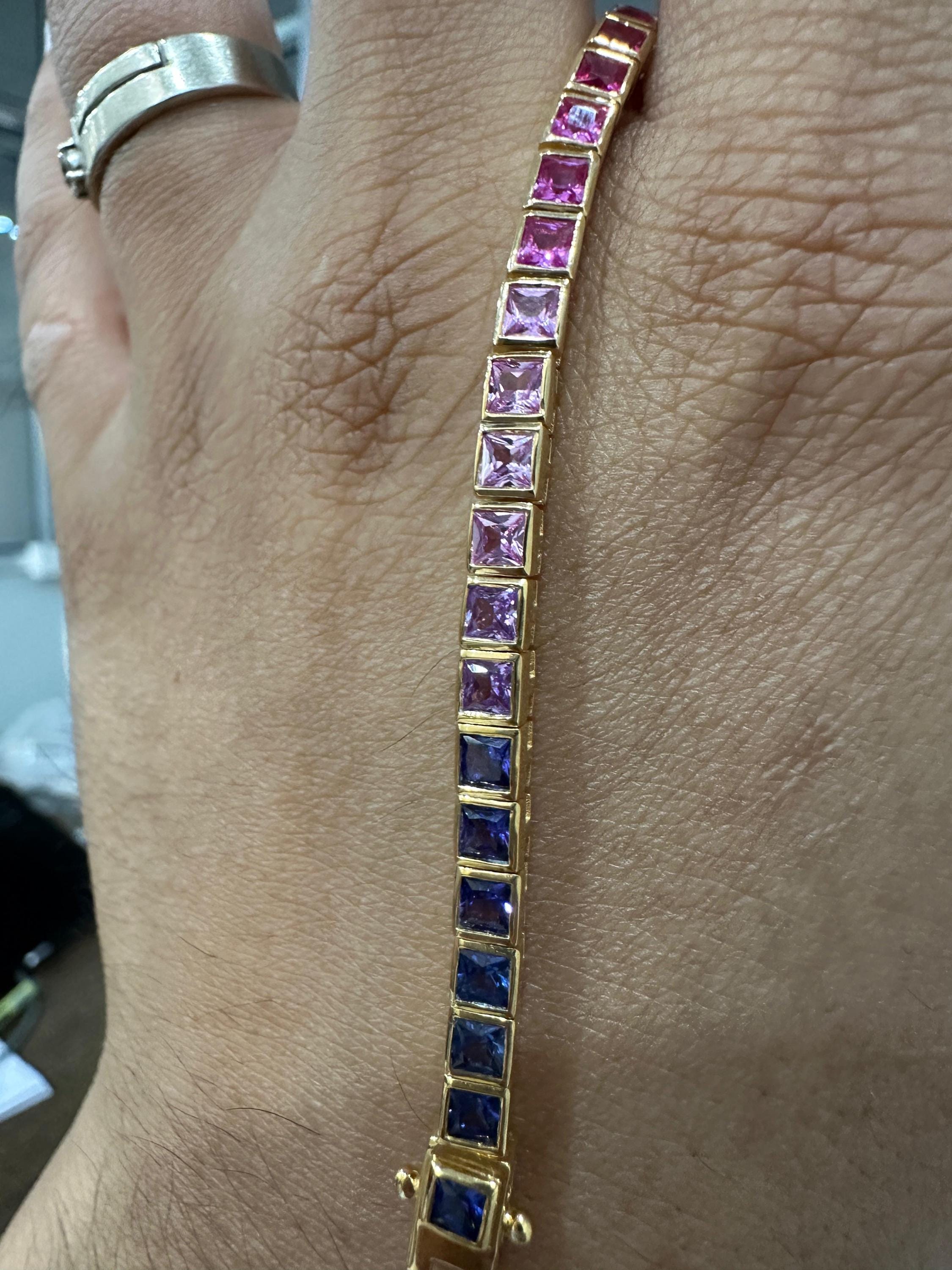 Rainbow Tourmaline Tennis Bracelet | Princess Cut 8 CT Gold Finish Bezel Set bracelet